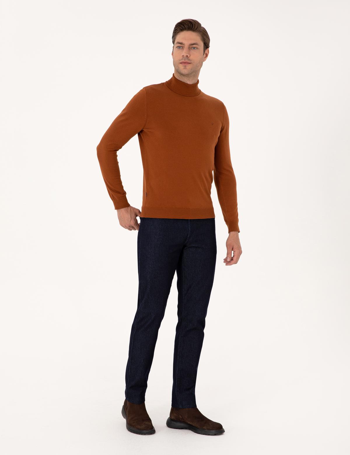 Kahverengi Slim Fit Balıkçı Yaka Basic Triko Kazak - 50314202095