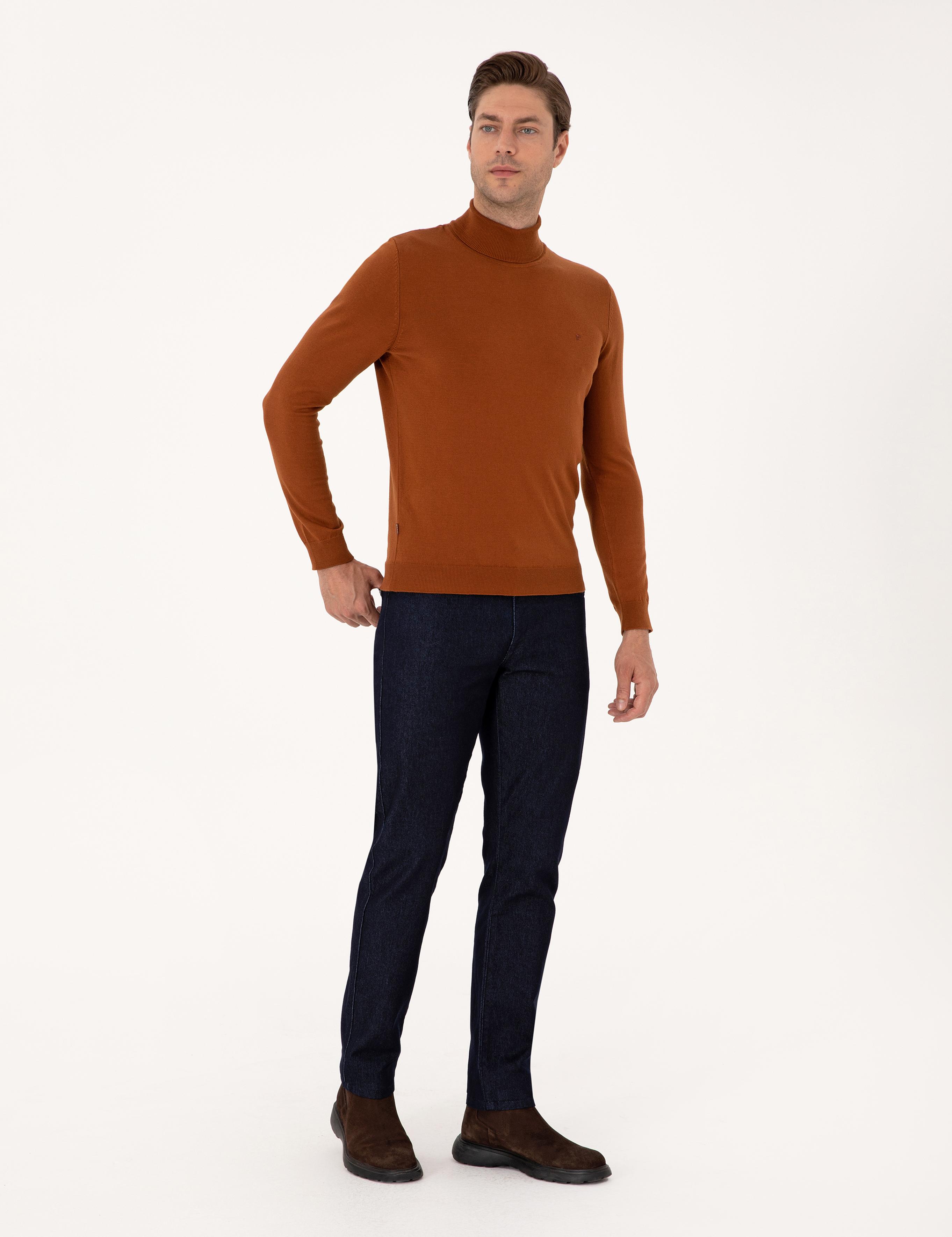 Kahverengi Slim Fit Balıkçı Yaka Basic Triko Kazak