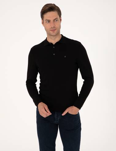 Siyah Slim Fit Polo Yaka Basic Triko Kazak