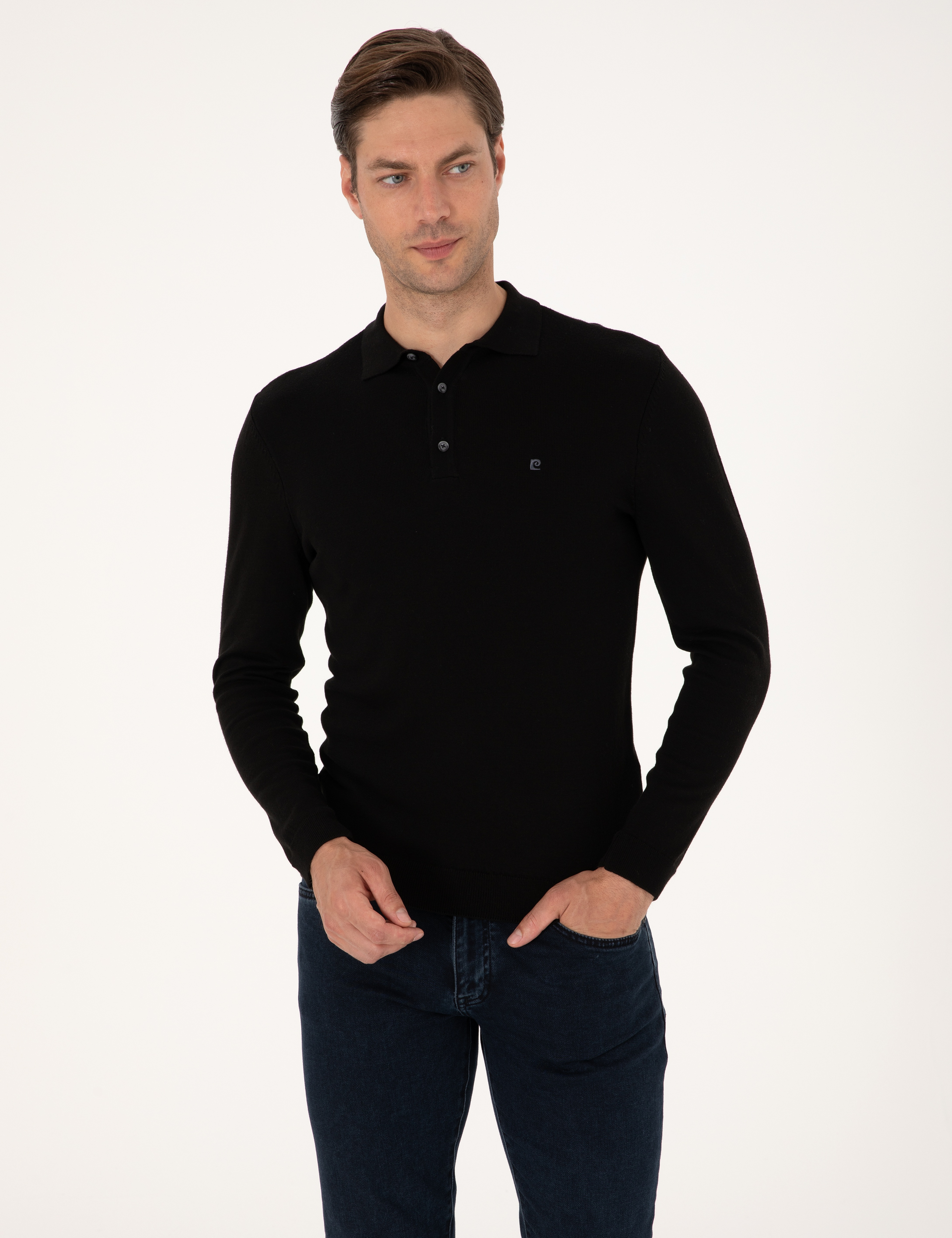 Siyah Slim Fit Polo Yaka Basic Triko Kazak - Image 1