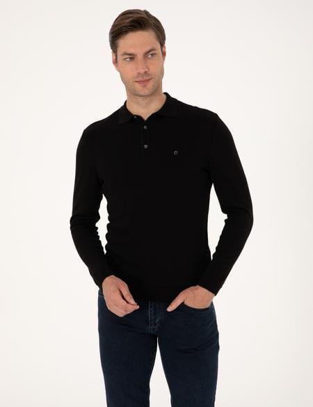 Siyah Slim Fit Polo Yaka Basic Triko Kazak - 50314189009
