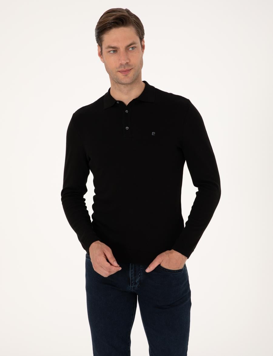 Siyah Slim Fit Polo Yaka Basic Triko Kazak
