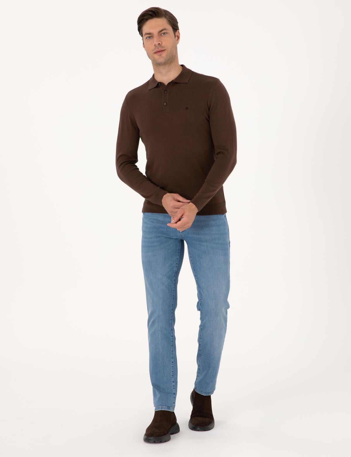 Kahverengi Slim Fit Polo Yaka Basic Triko Kazak - 50314189068