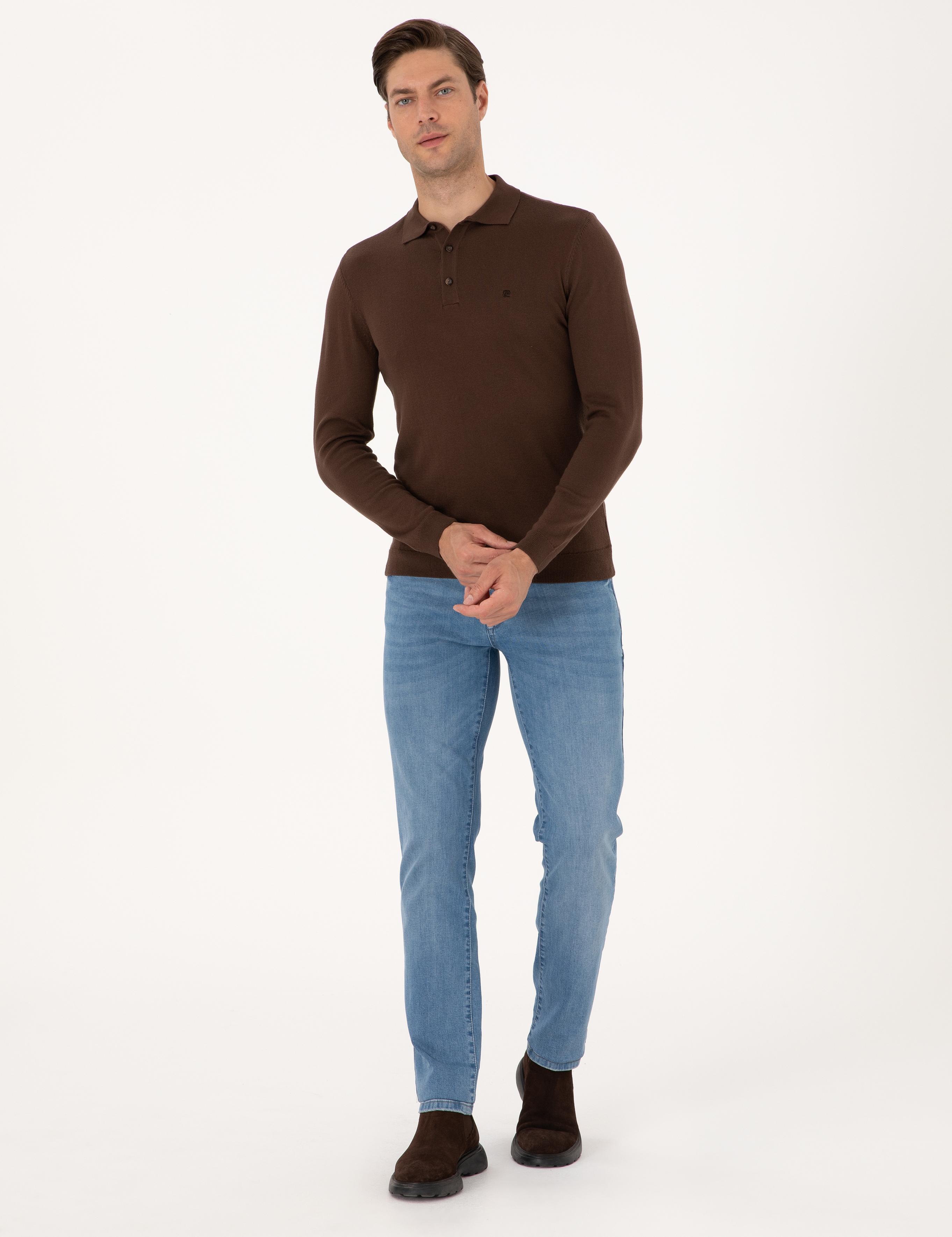 Kahverengi Slim Fit Polo Yaka Basic Triko Kazak