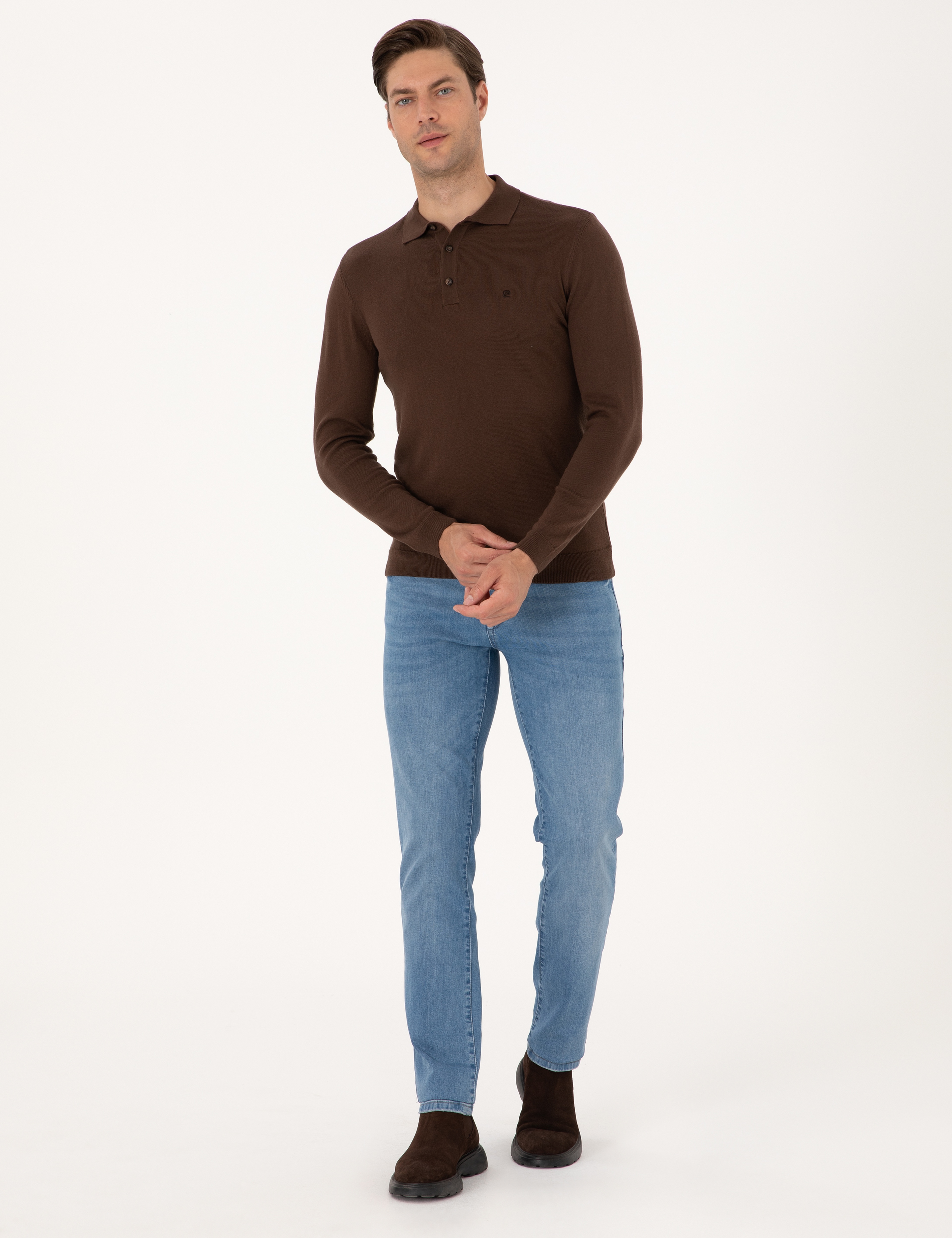 Kahverengi Slim Fit Polo Yaka Basic Triko Kazak - Image 4