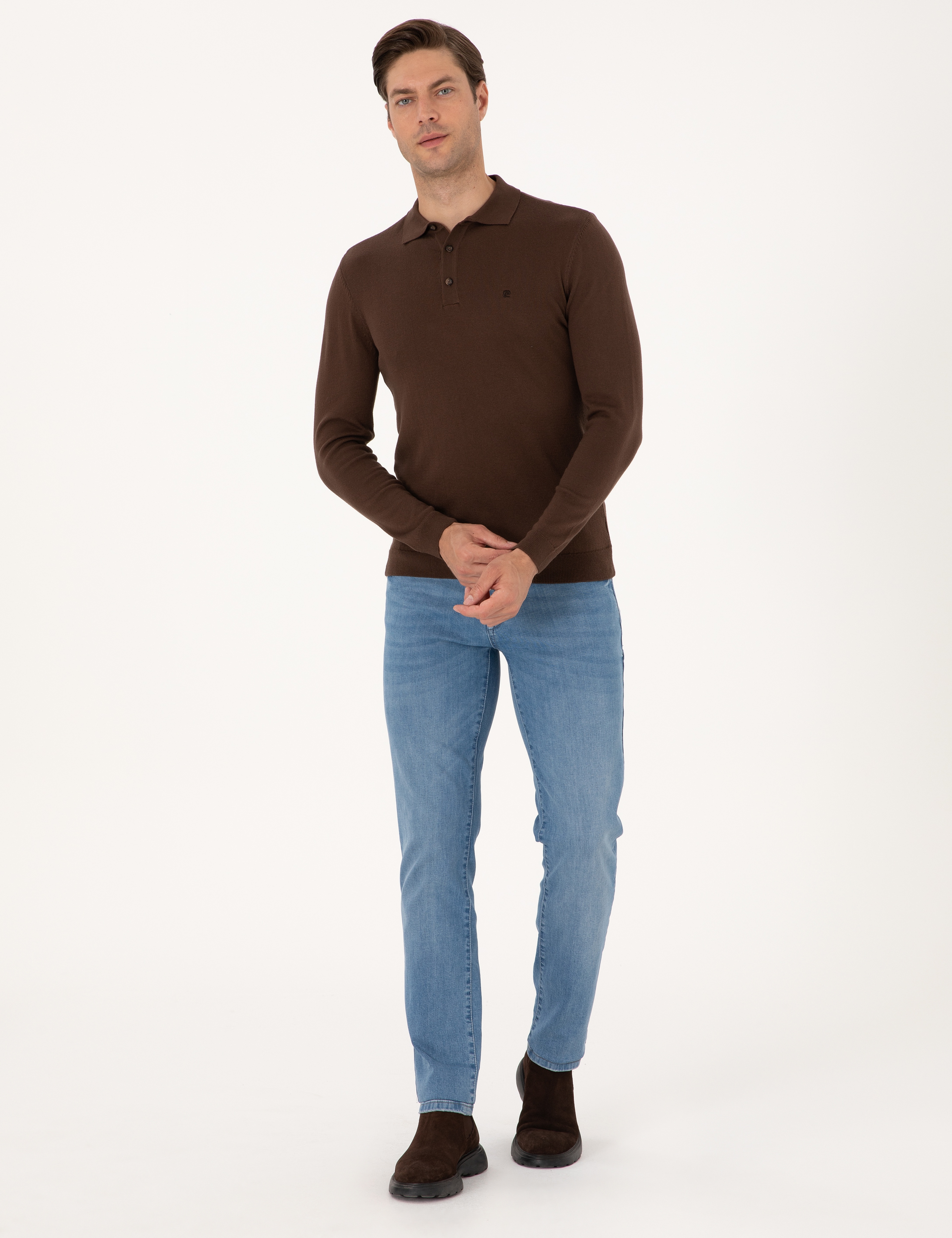 Kahverengi Slim Fit Polo Yaka Basic Triko Kazak