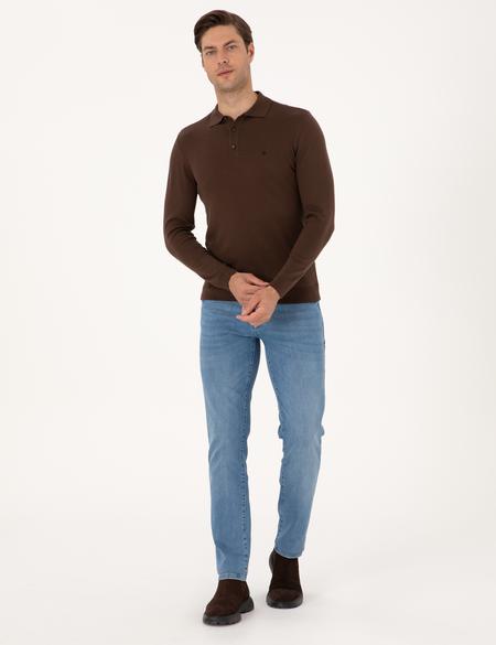 Kahverengi Slim Fit Polo Yaka Basic Triko Kazak - 50314189068