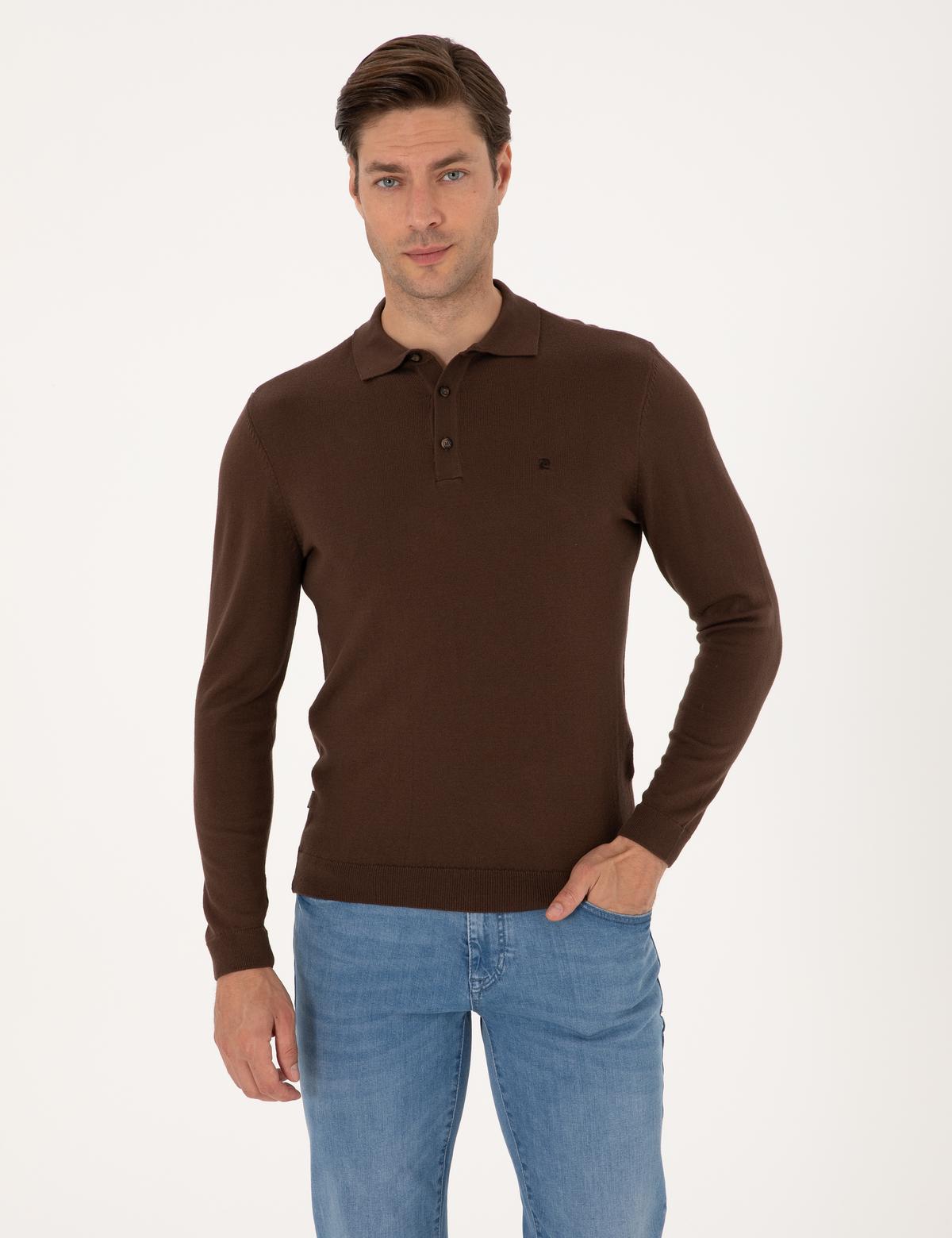 Kahverengi Slim Fit Polo Yaka Basic Triko Kazak