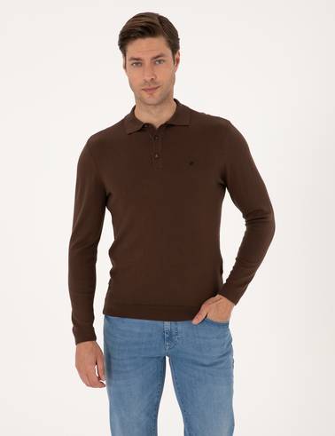 Kahverengi Slim Fit Polo Yaka Basic Triko Kazak