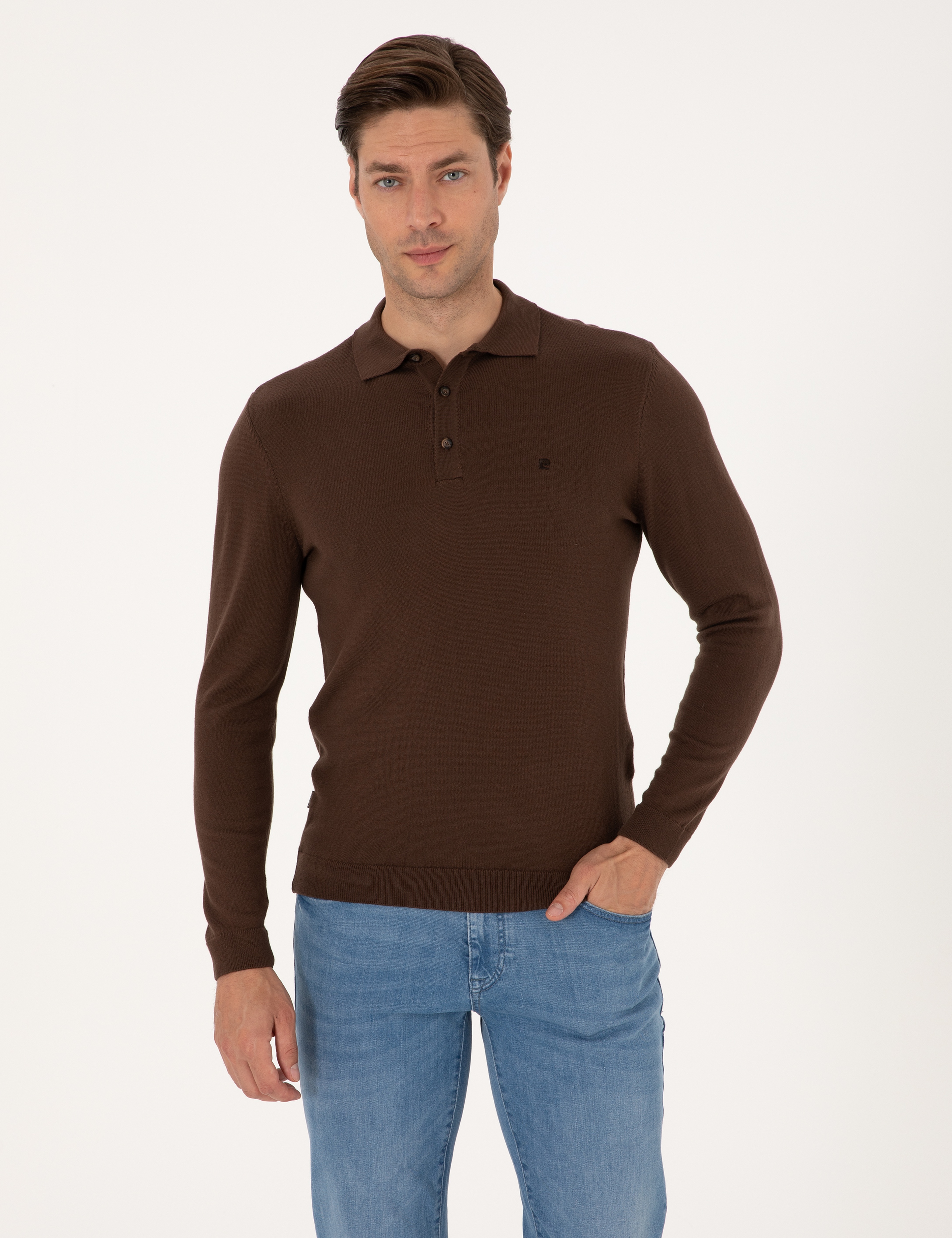 Kahverengi Slim Fit Polo Yaka Basic Triko Kazak