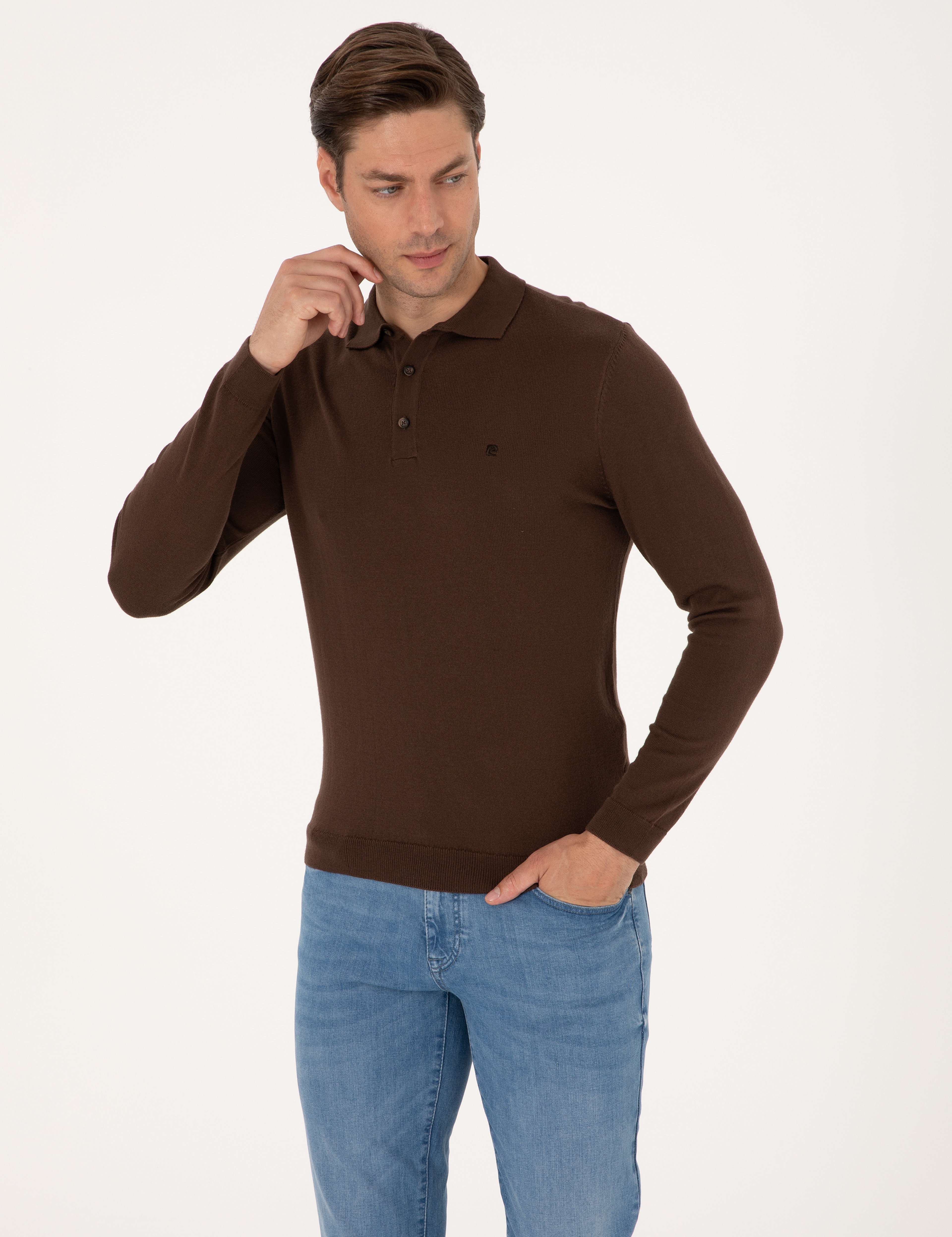 Kahverengi Slim Fit Polo Yaka Basic Triko Kazak - Image 3