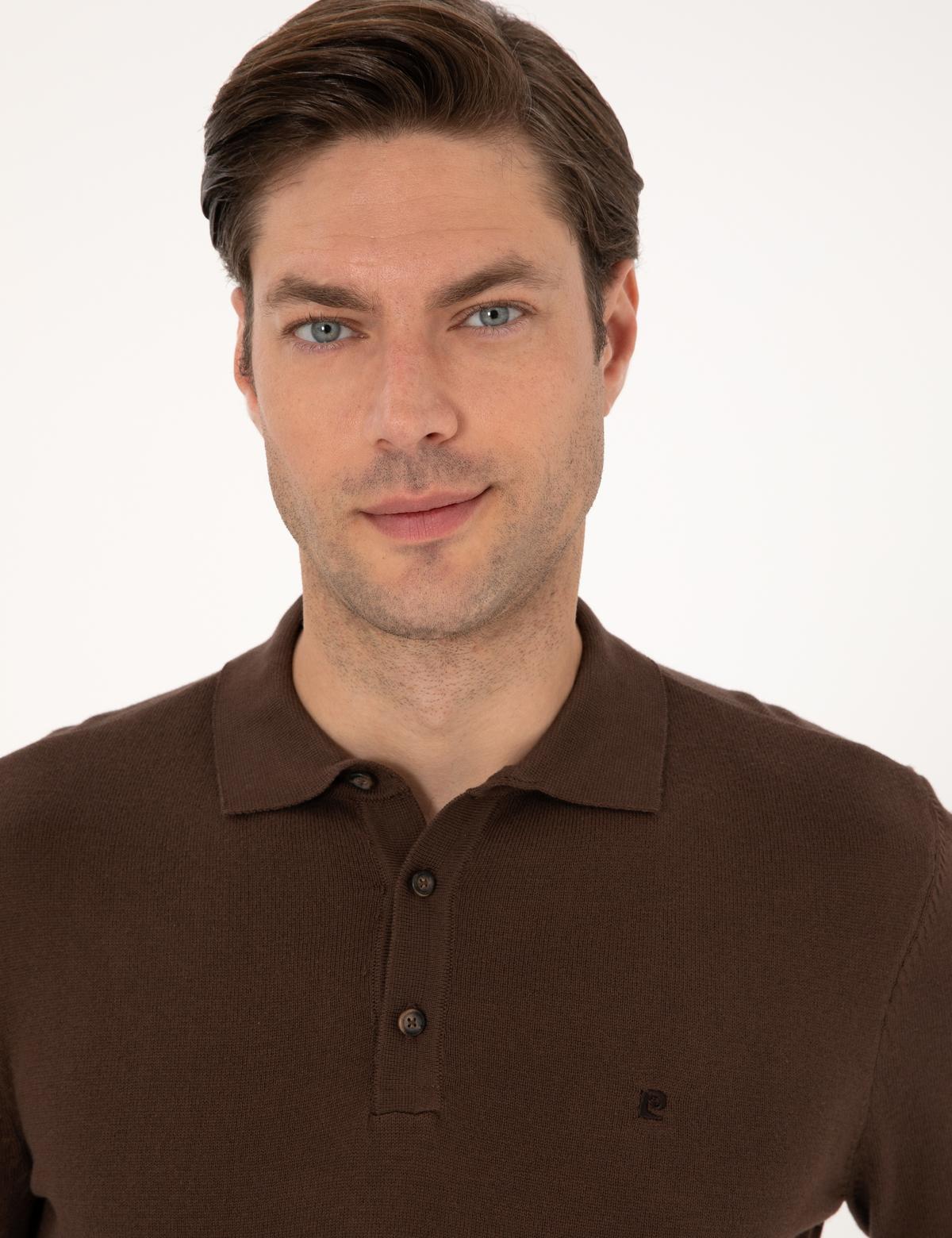 Kahverengi Slim Fit Polo Yaka Basic Triko Kazak - 50314189068