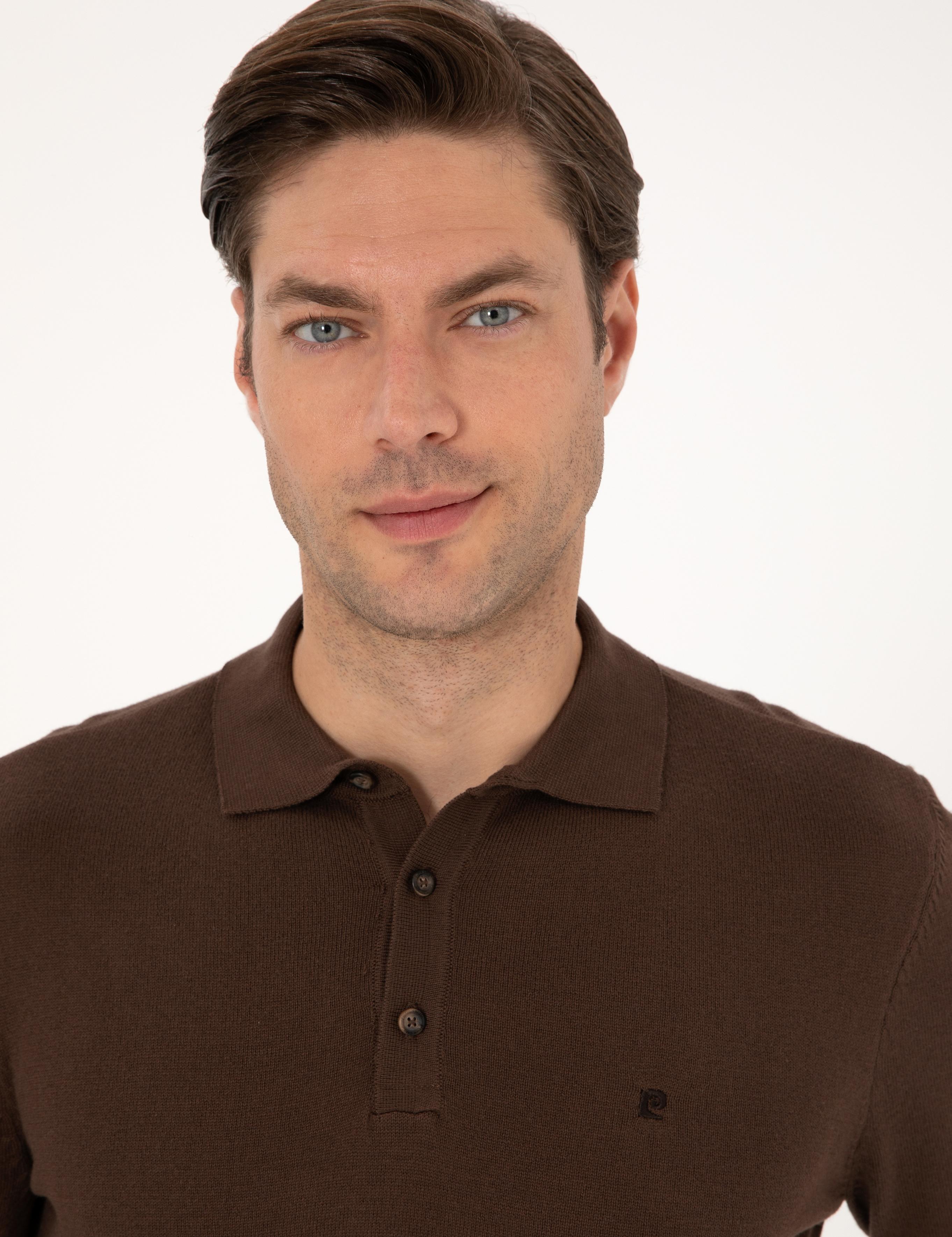 Kahverengi Slim Fit Polo Yaka Basic Triko Kazak