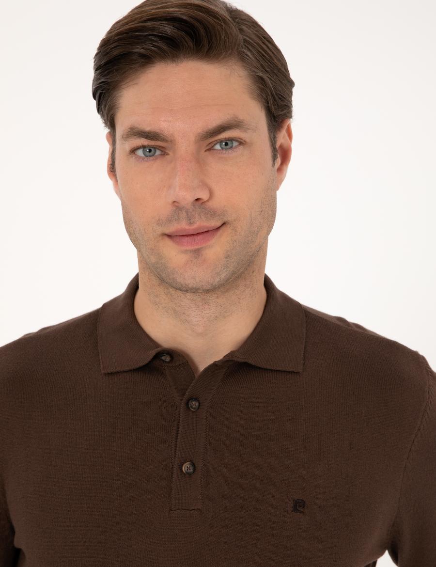 Kahverengi Slim Fit Polo Yaka Basic Triko Kazak