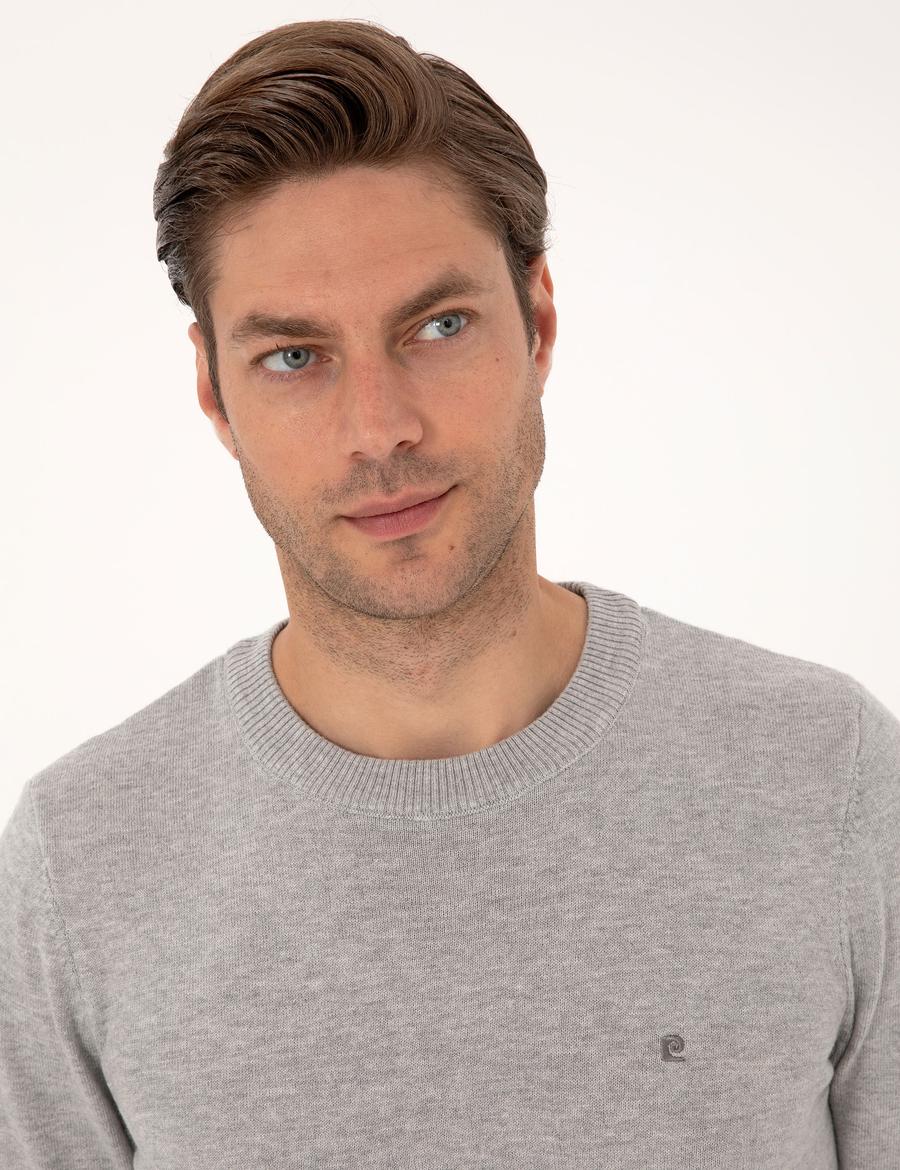 Açık Gri Melanj Slim Fit Bisiklet Yaka Basic Triko Kazak