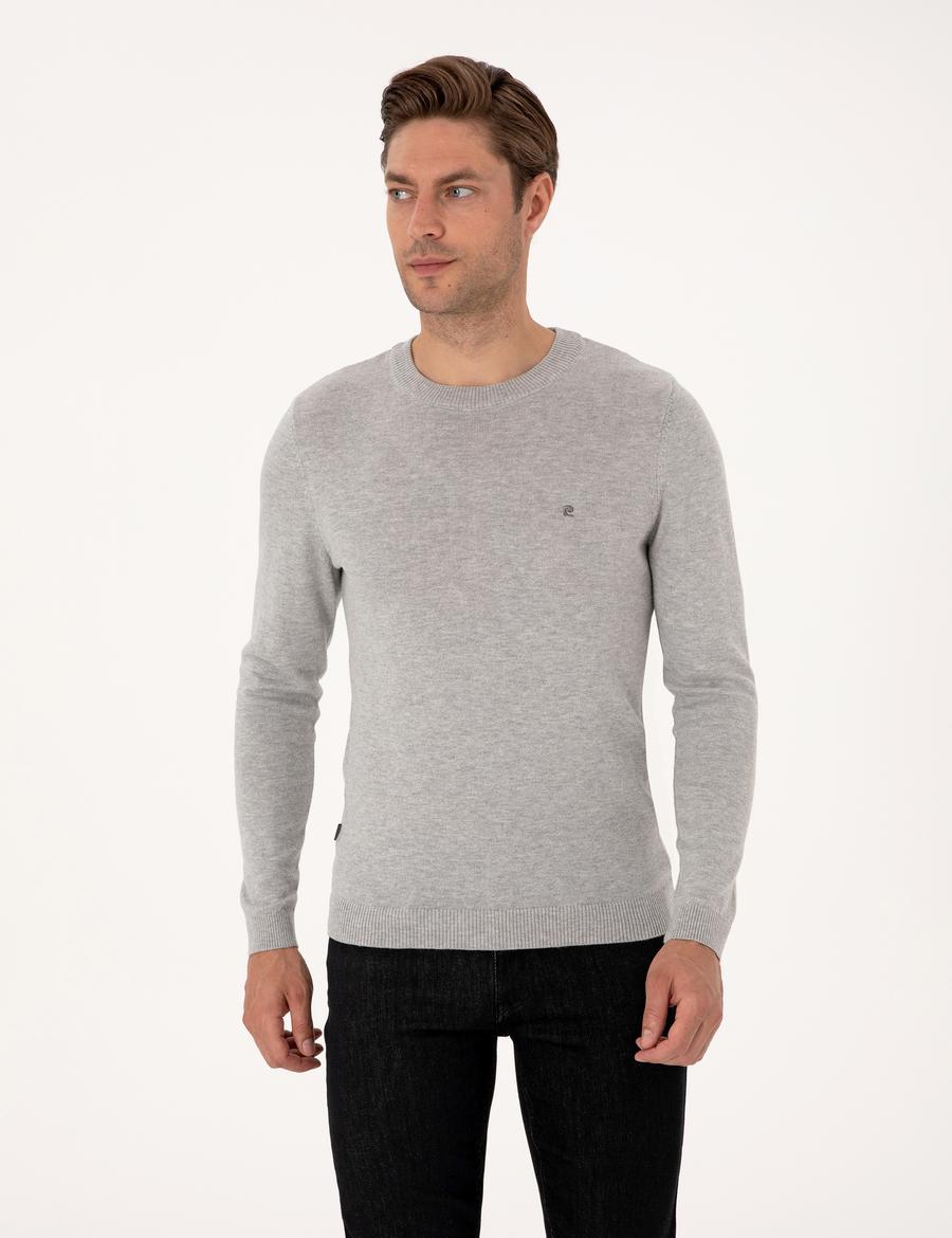 Açık Gri Melanj Slim Fit Bisiklet Yaka Basic Triko Kazak