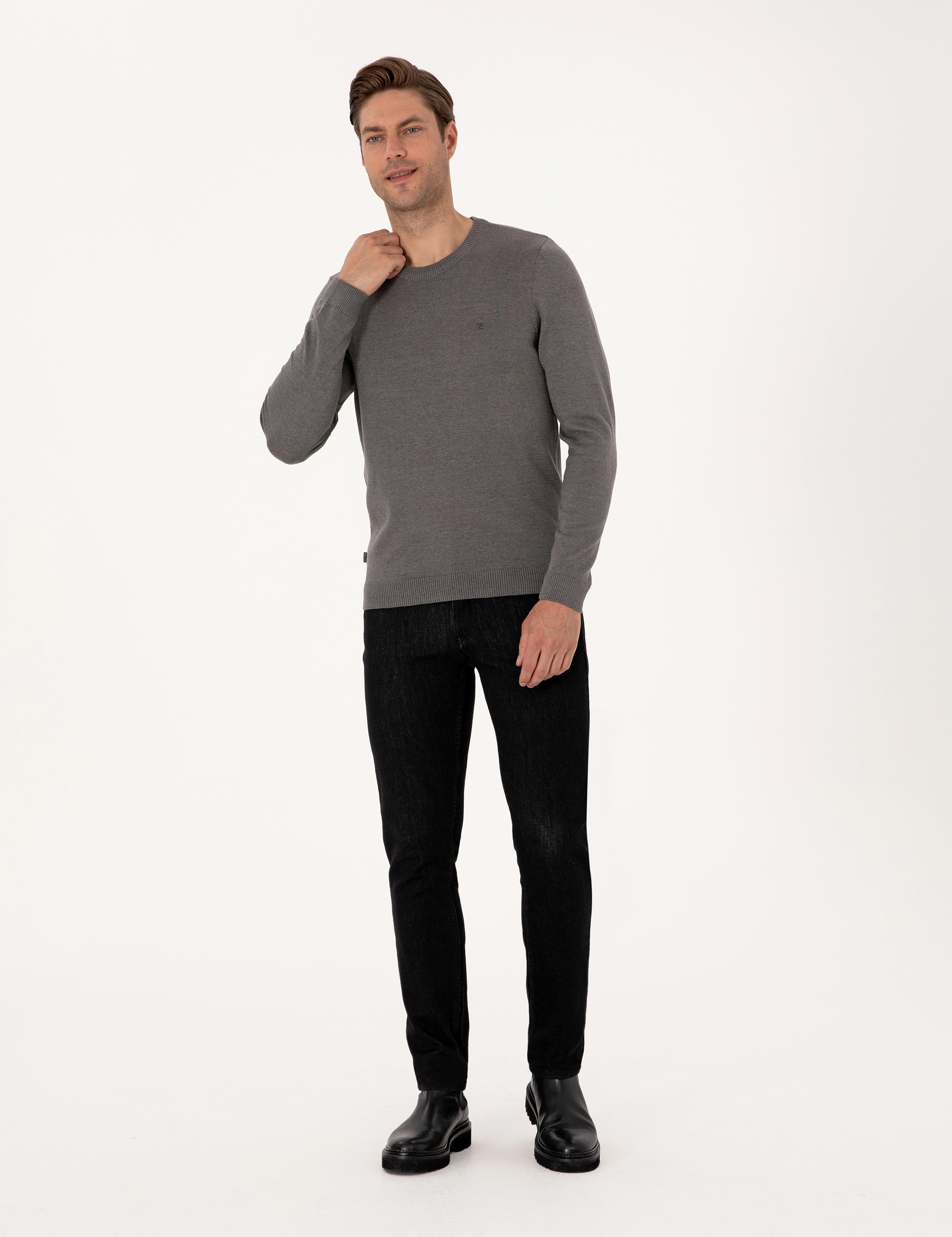 Gri Melanj Slim Fit Bisiklet Yaka Basic Triko Kazak