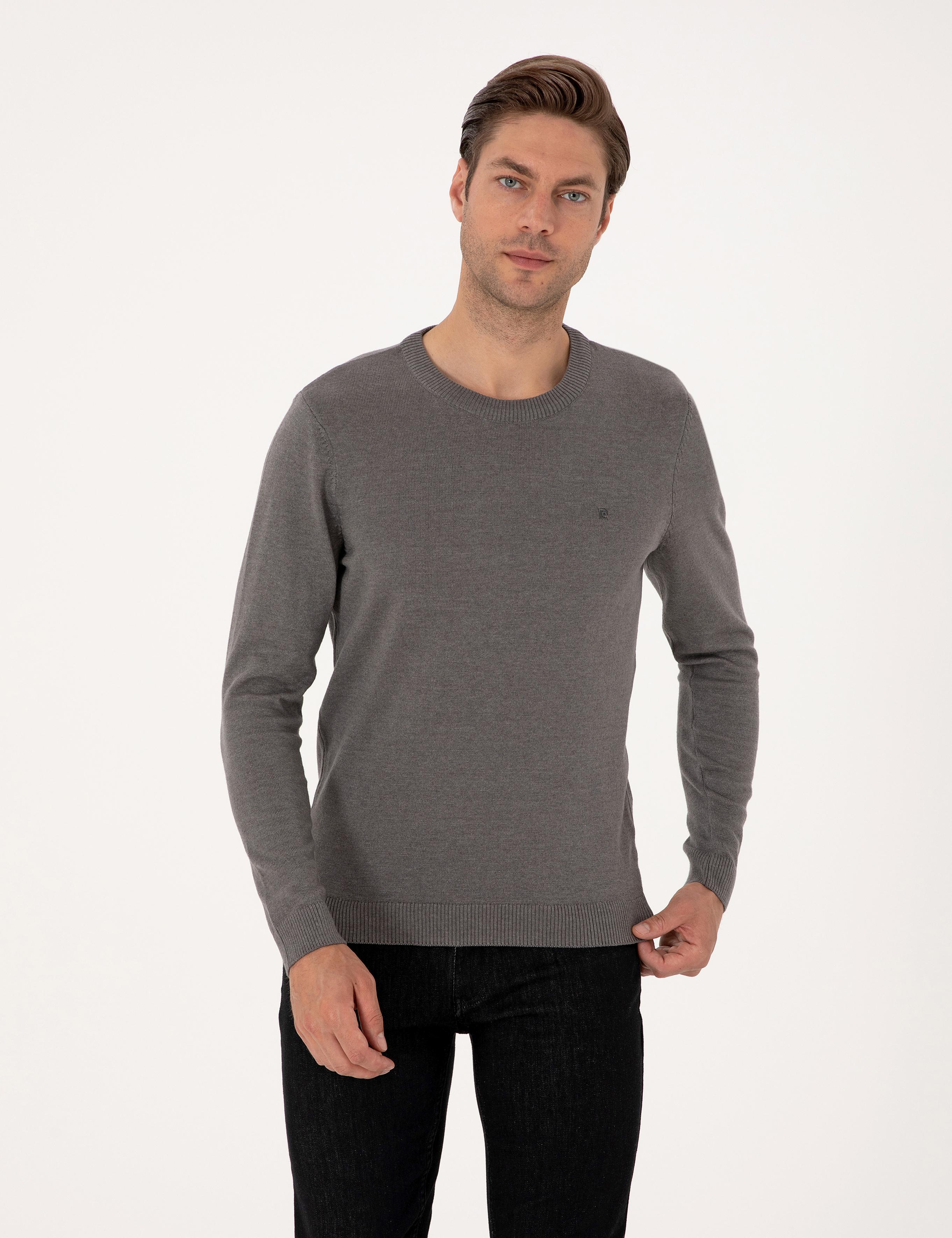 Gri Melanj Slim Fit Bisiklet Yaka Basic Triko Kazak