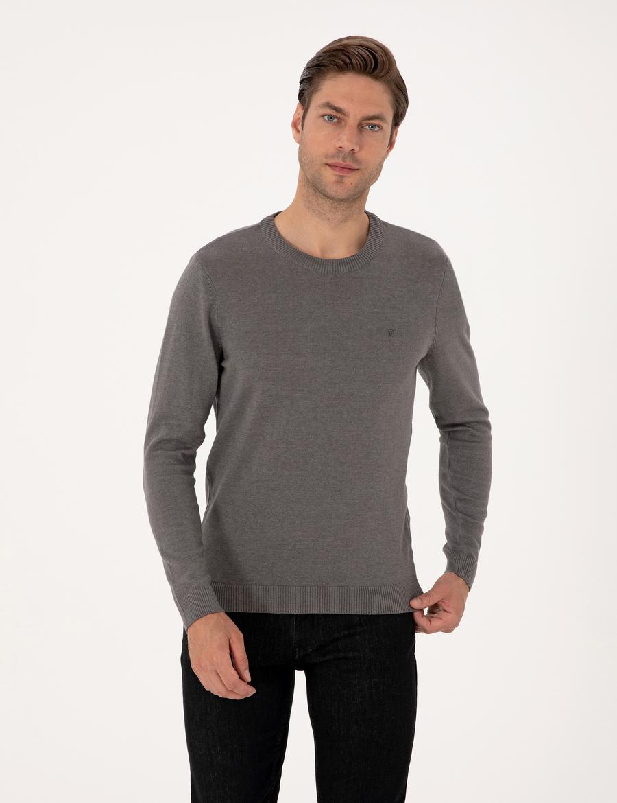 Gri Melanj Slim Fit Bisiklet Yaka Basic Triko Kazak