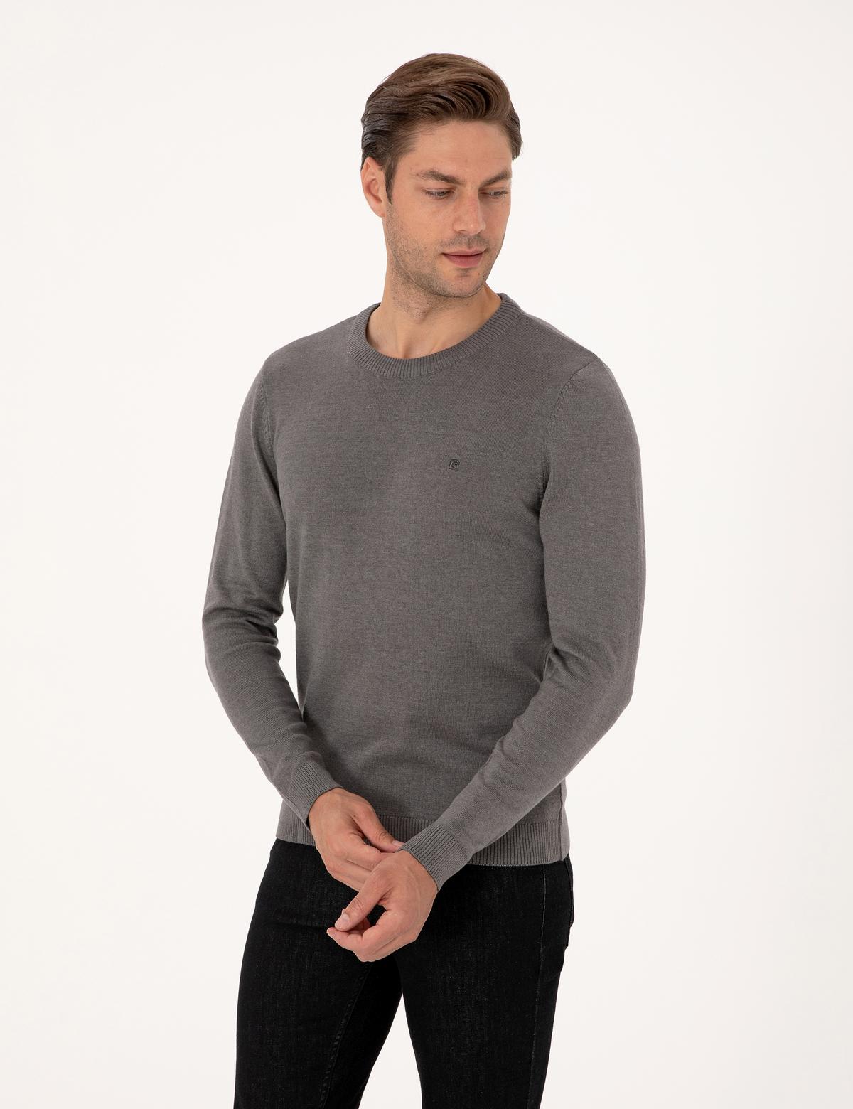 Gri Melanj Slim Fit Bisiklet Yaka Basic Triko Kazak - 50314192173