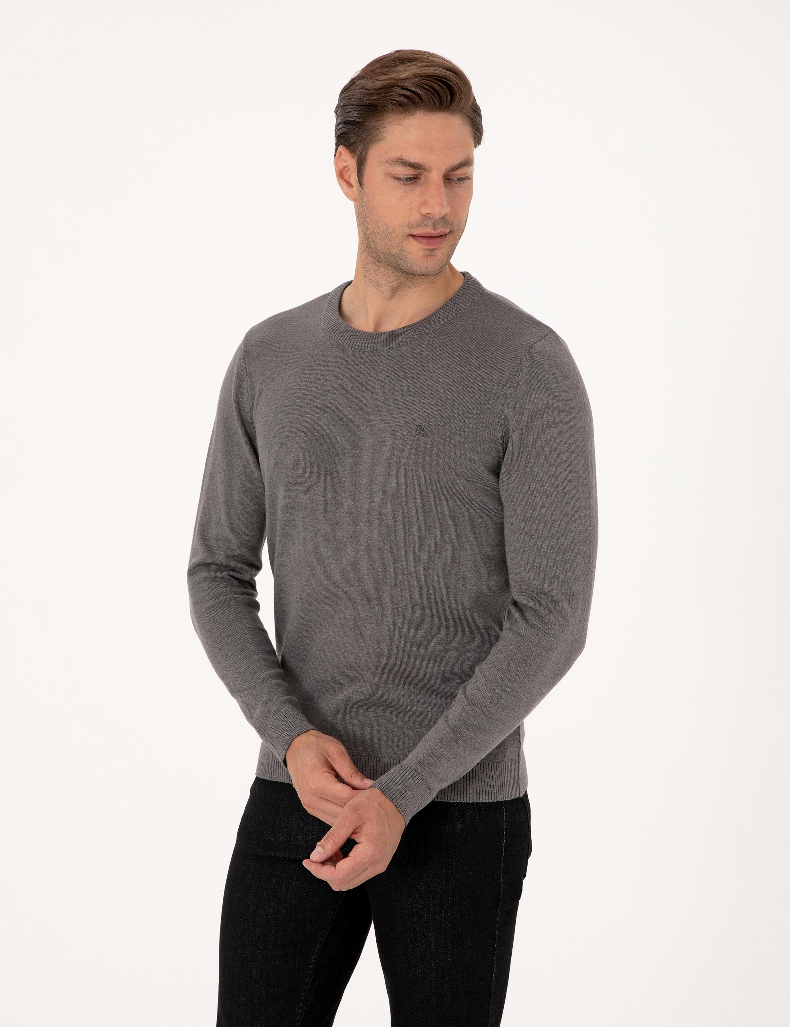 Gri Melanj Slim Fit Bisiklet Yaka Basic Triko Kazak