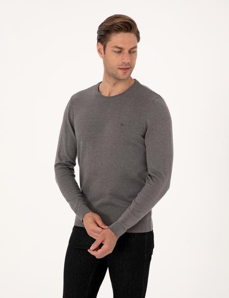 Gri Melanj Slim Fit Bisiklet Yaka Basic Triko Kazak - 50314192173