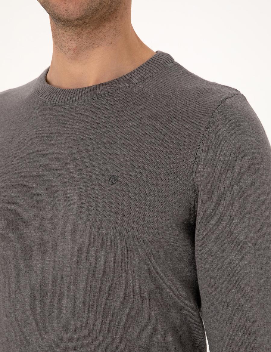 Gri Melanj Slim Fit Bisiklet Yaka Basic Triko Kazak