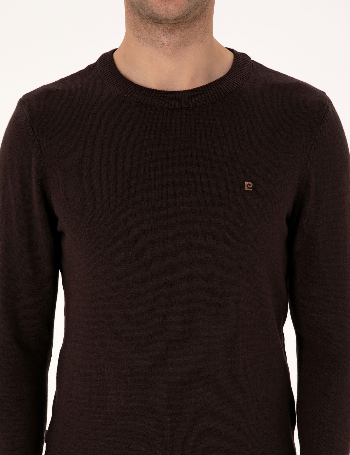 Koyu Kahverengi Slim Fit Bisiklet Yaka Basic Triko Kazak - 50314192167