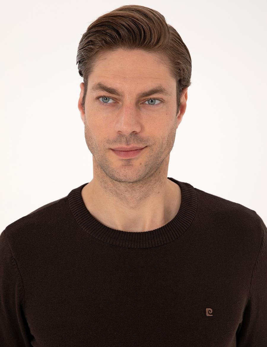 Koyu Kahverengi Slim Fit Bisiklet Yaka Basic Triko Kazak