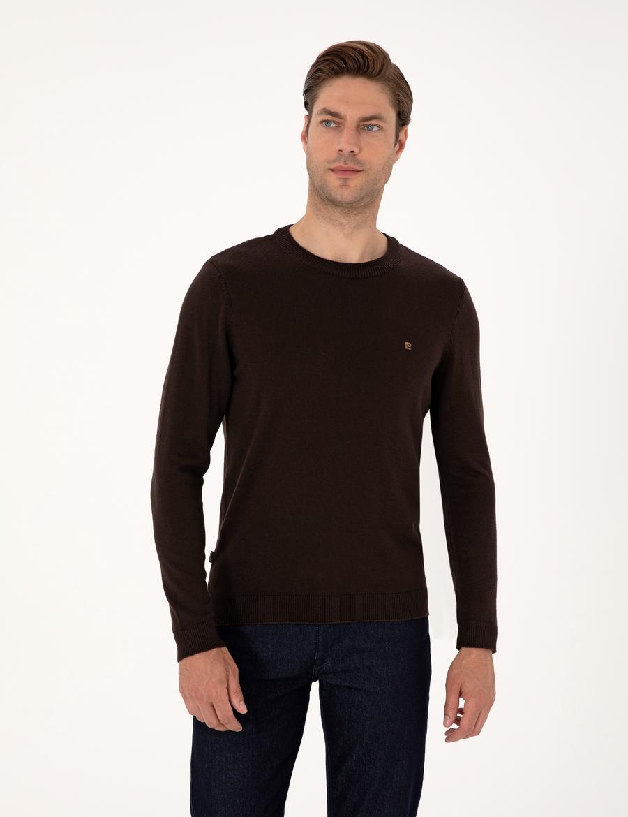 Koyu Kahverengi Slim Fit Bisiklet Yaka Basic Triko Kazak