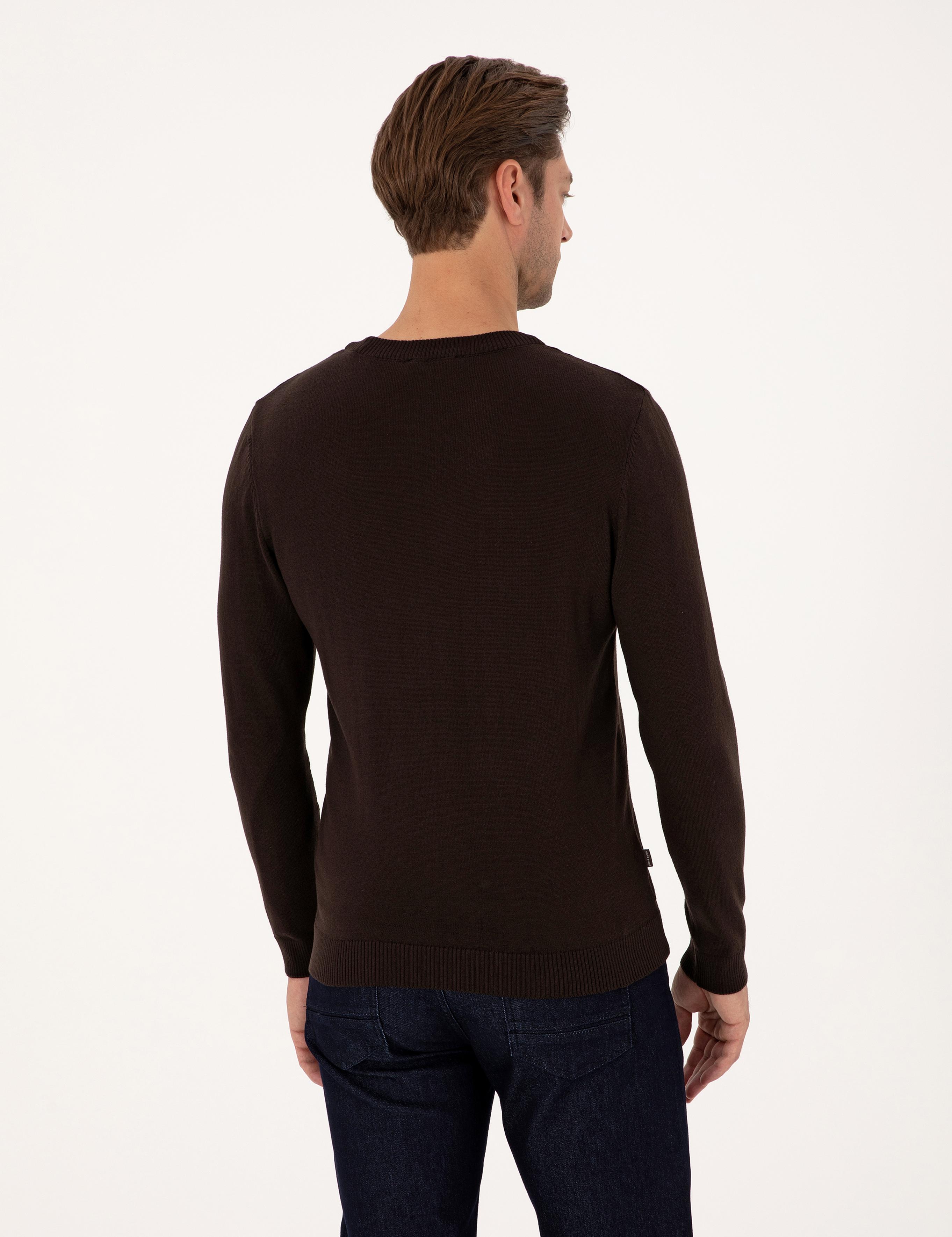 Koyu Kahverengi Slim Fit Bisiklet Yaka Basic Triko Kazak