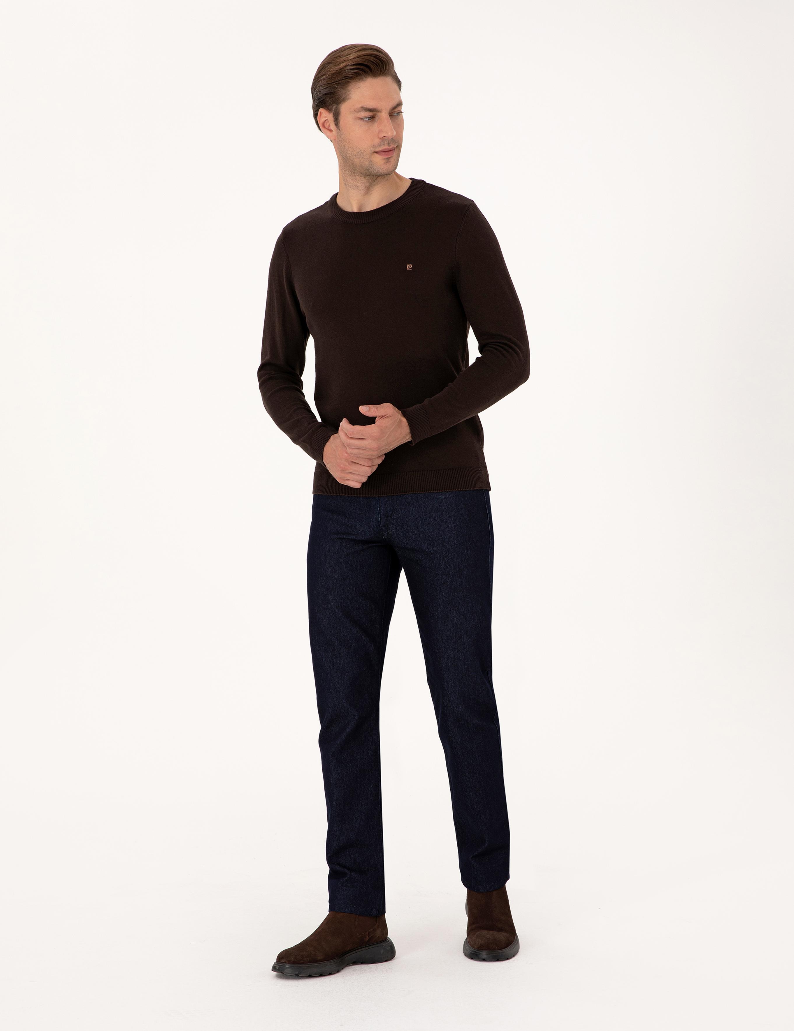 Koyu Kahverengi Slim Fit Bisiklet Yaka Basic Triko Kazak