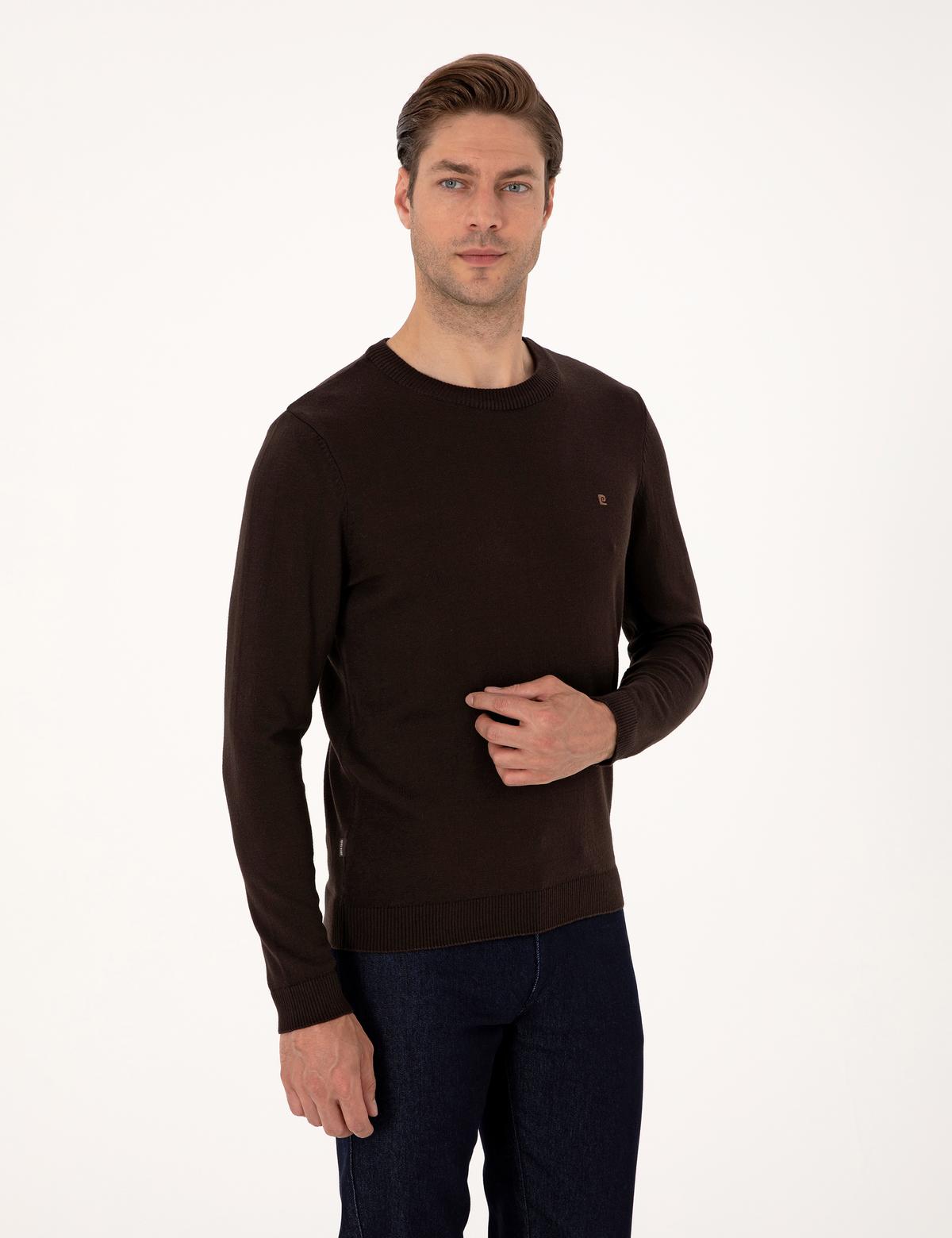 Koyu Kahverengi Slim Fit Bisiklet Yaka Basic Triko Kazak - 50314192167