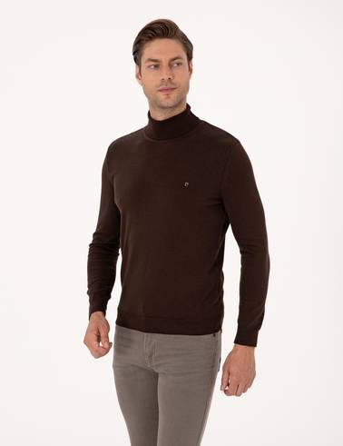 Koyu Kahverengi Slim Fit Balıkçı Yaka Basic Triko Kazak