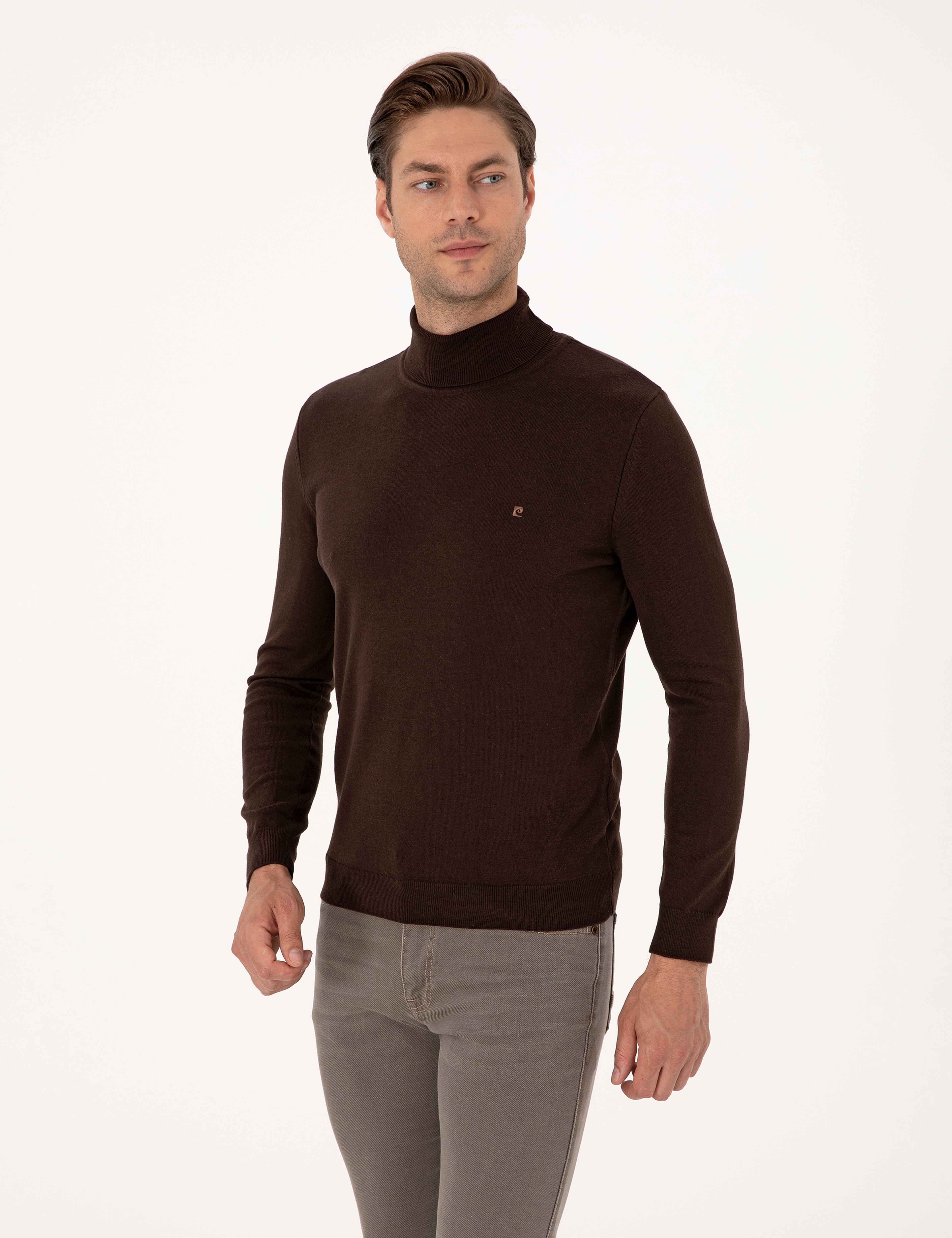 Koyu Kahverengi Slim Fit Balıkçı Yaka Basic Triko Kazak - Image 3