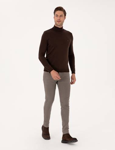 Koyu Kahverengi Slim Fit Balıkçı Yaka Basic Triko Kazak