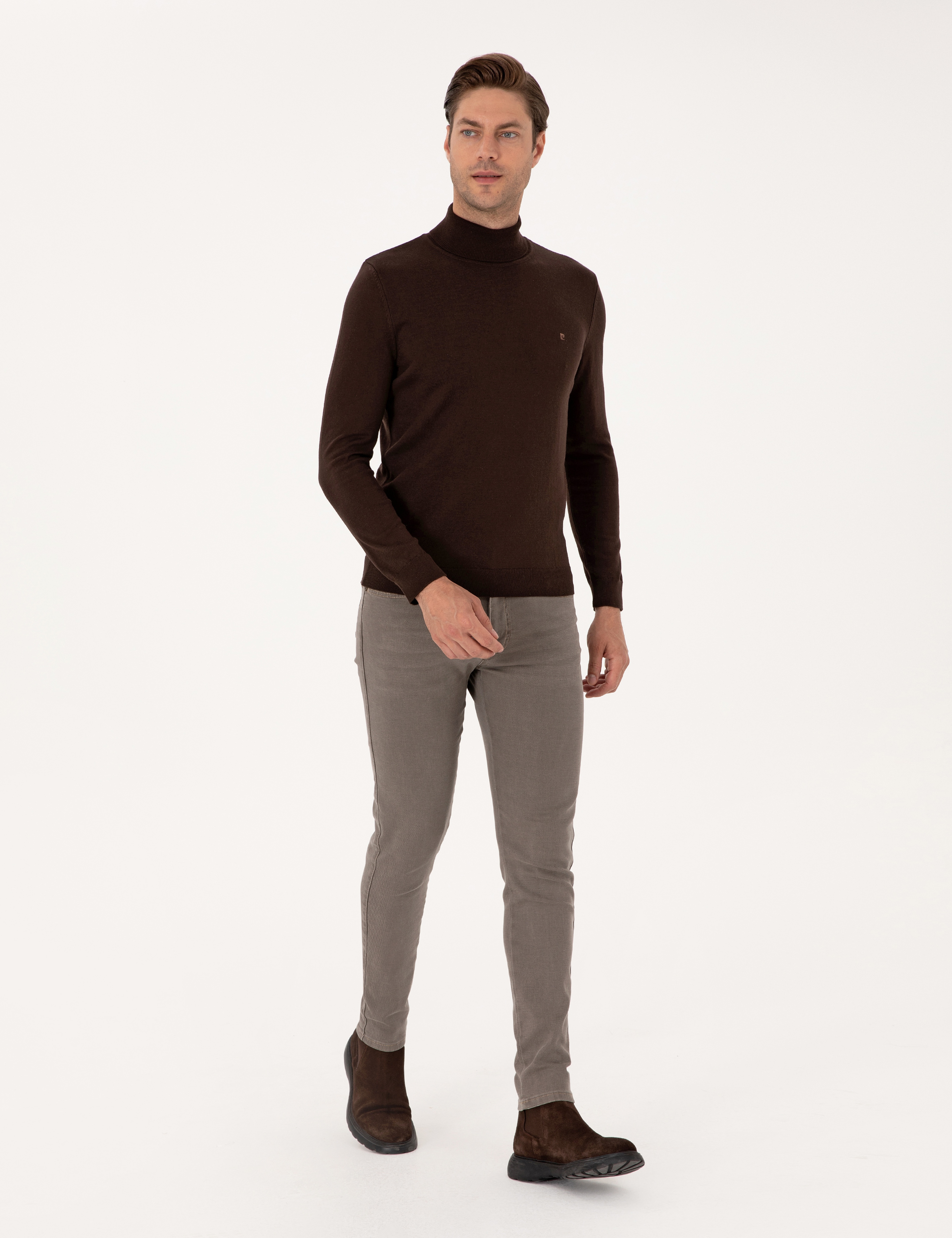 Koyu Kahverengi Slim Fit Balıkçı Yaka Basic Triko Kazak - Image 4