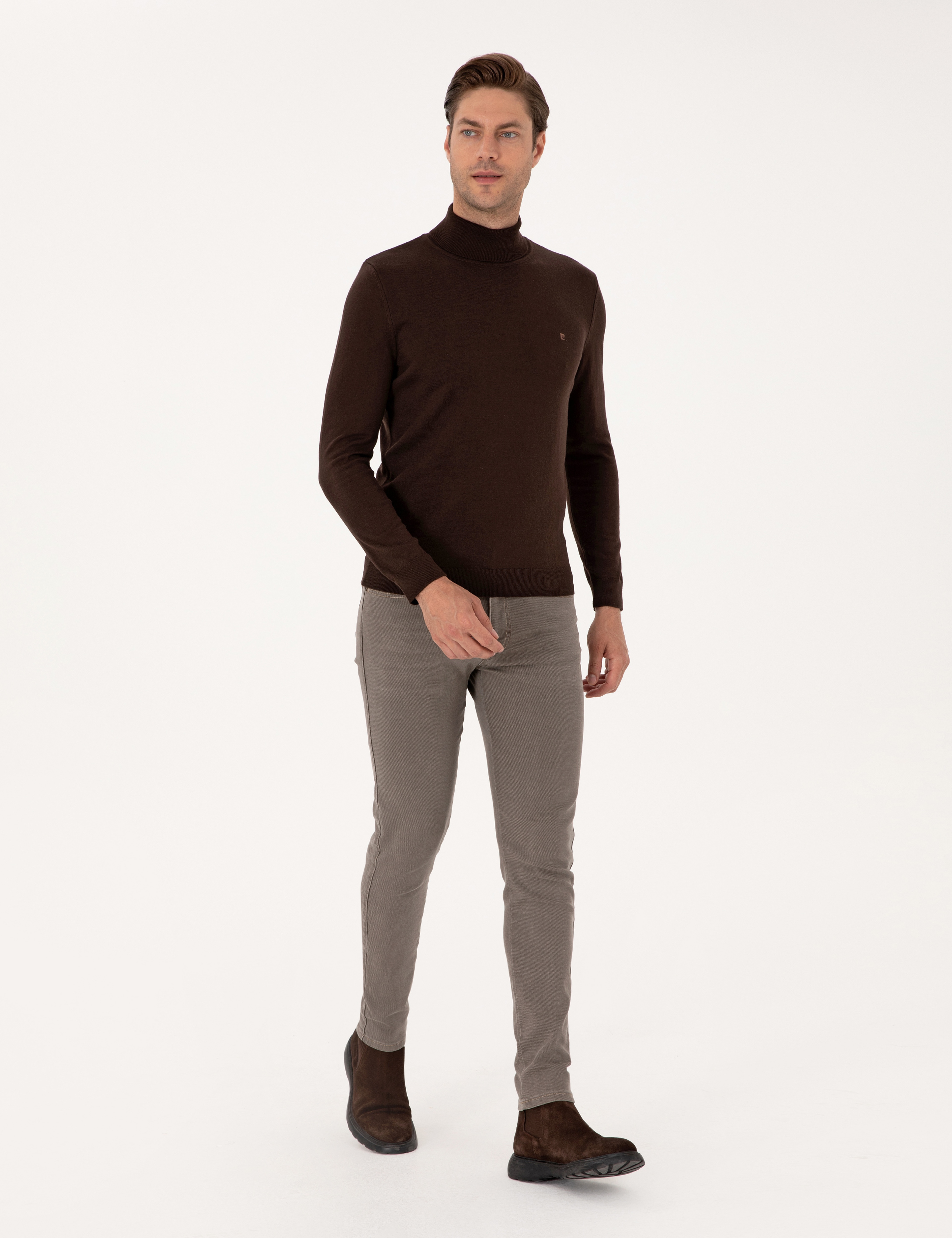 Koyu Kahverengi Slim Fit Balıkçı Yaka Basic Triko Kazak
