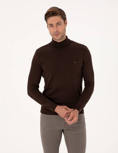 Koyu Kahverengi Slim Fit Balıkçı Yaka Basic Triko Kazak