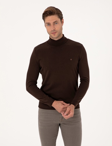 Koyu Kahverengi Slim Fit Balıkçı Yaka Basic Triko Kazak