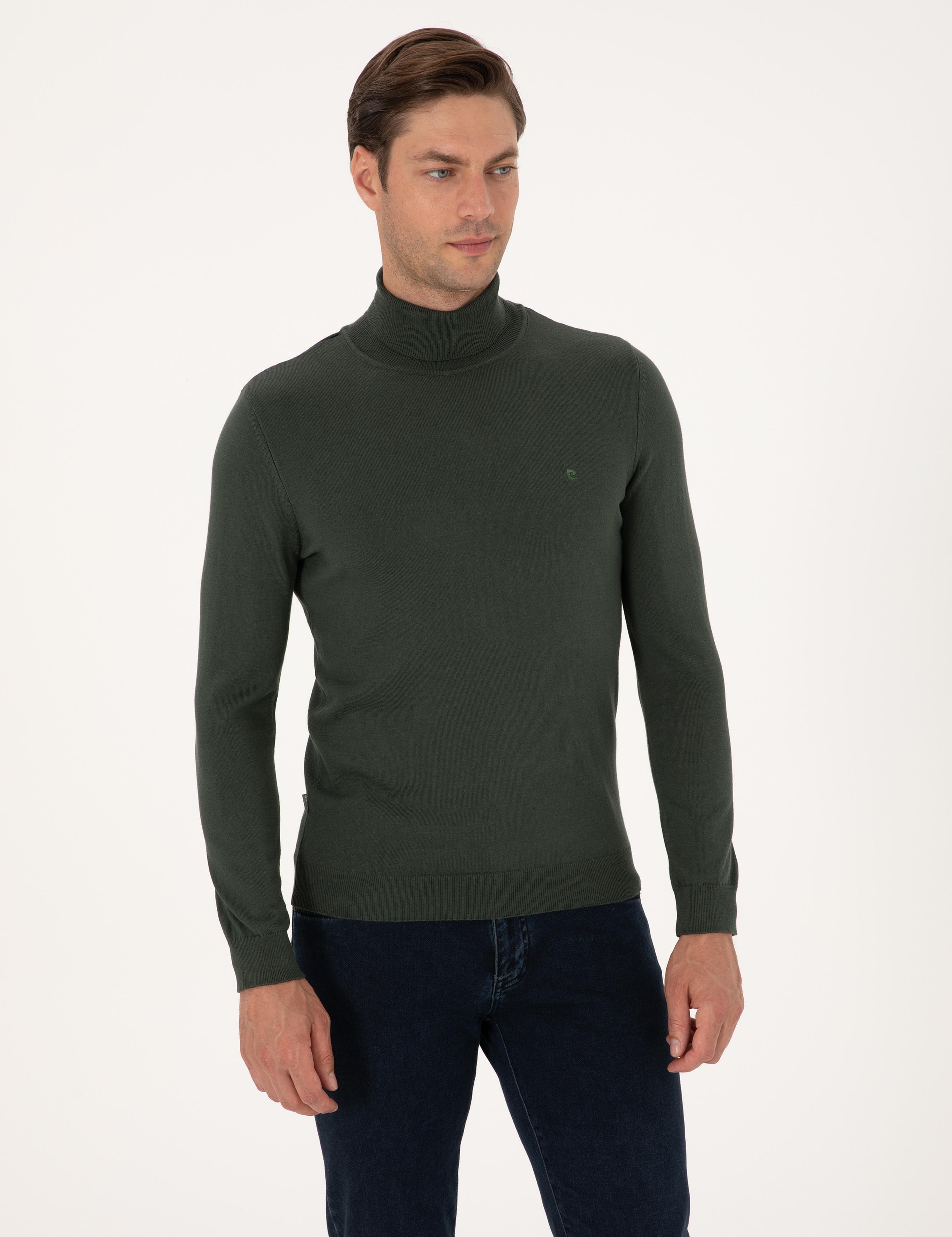 Koyu Haki Slim Fit Balıkçı Yaka Basic Triko Kazak