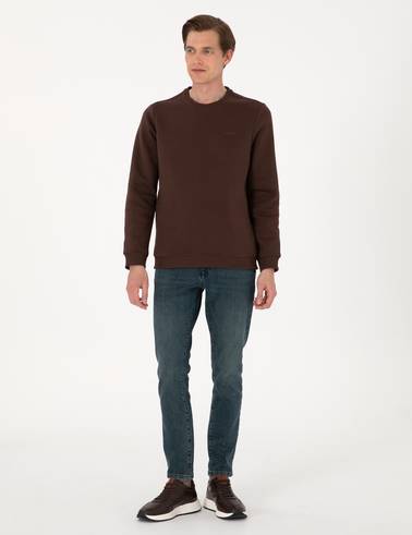 Kahverengi 3 İplik Regular Fit Bisiklet Yaka Basic Sweatshirt
