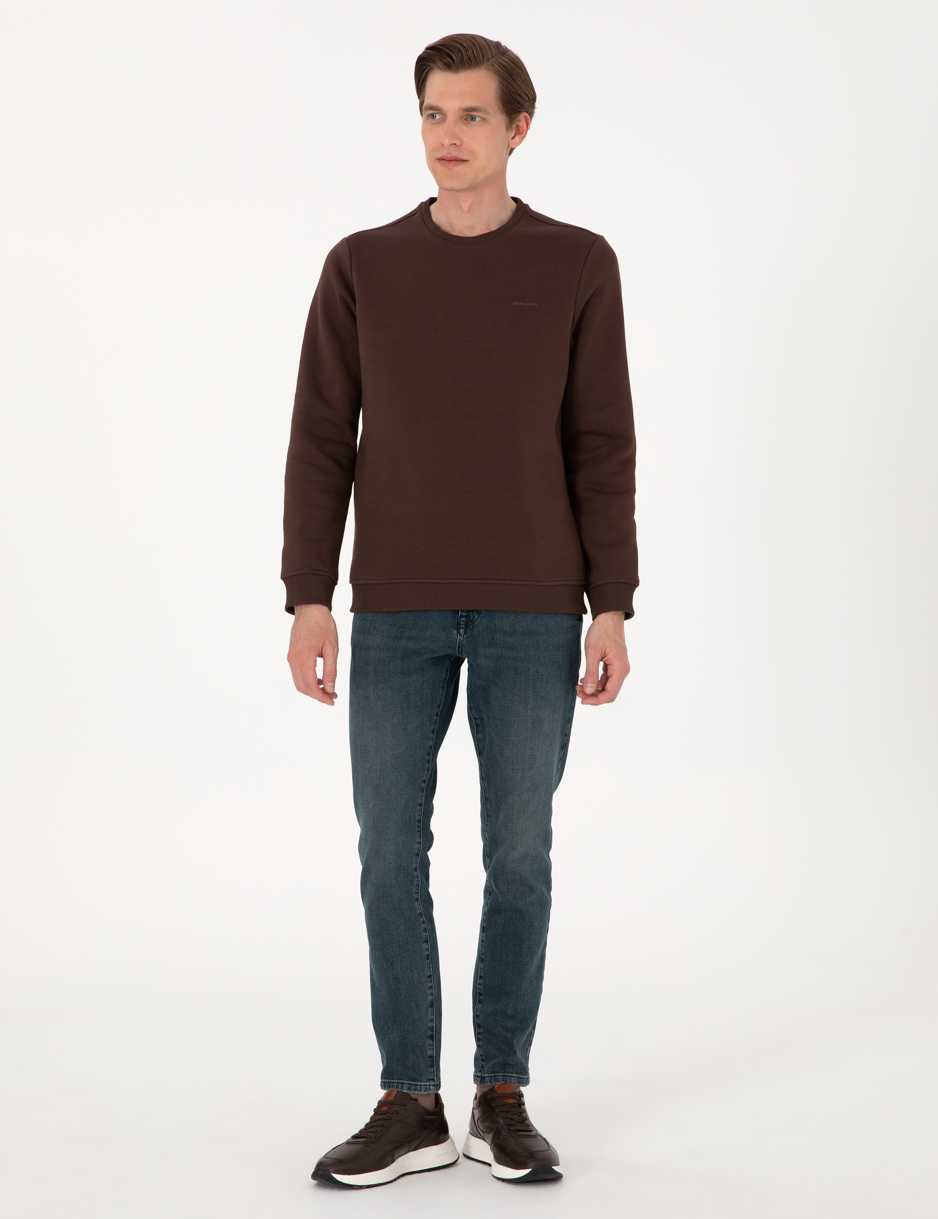 Kahverengi 3 İplik Regular Fit Bisiklet Yaka Basic Sweatshirt - Image 4
