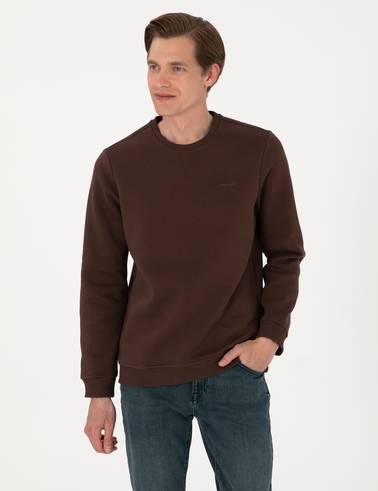 Kahverengi 3 İplik Regular Fit Bisiklet Yaka Basic Sweatshirt