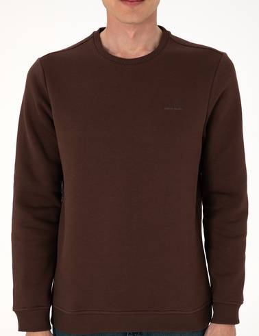 Kahverengi 3 İplik Regular Fit Bisiklet Yaka Basic Sweatshirt