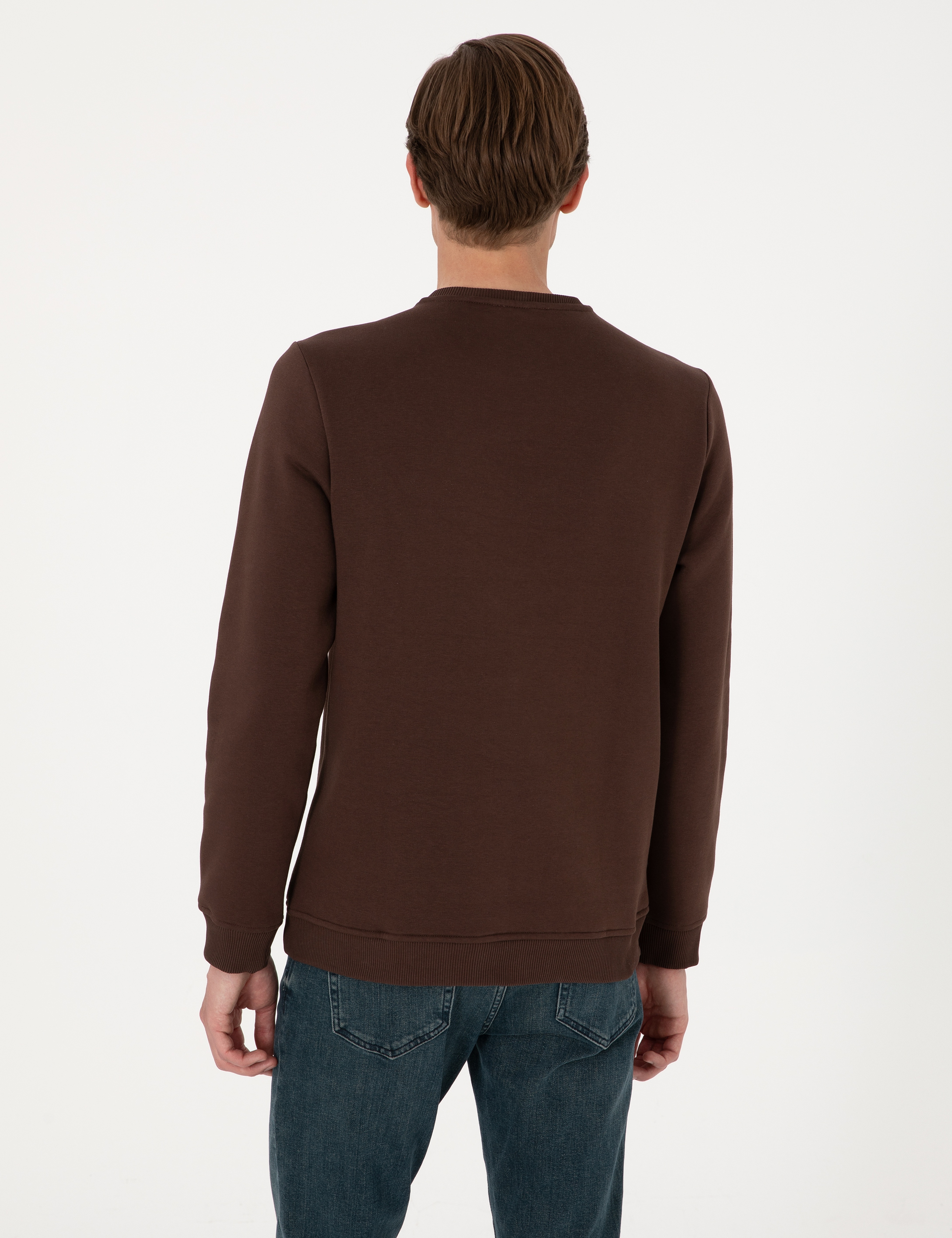 Kahverengi 3 İplik Regular Fit Bisiklet Yaka Basic Sweatshirt - Image 5