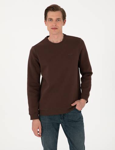 Kahverengi 3 İplik Regular Fit Bisiklet Yaka Basic Sweatshirt