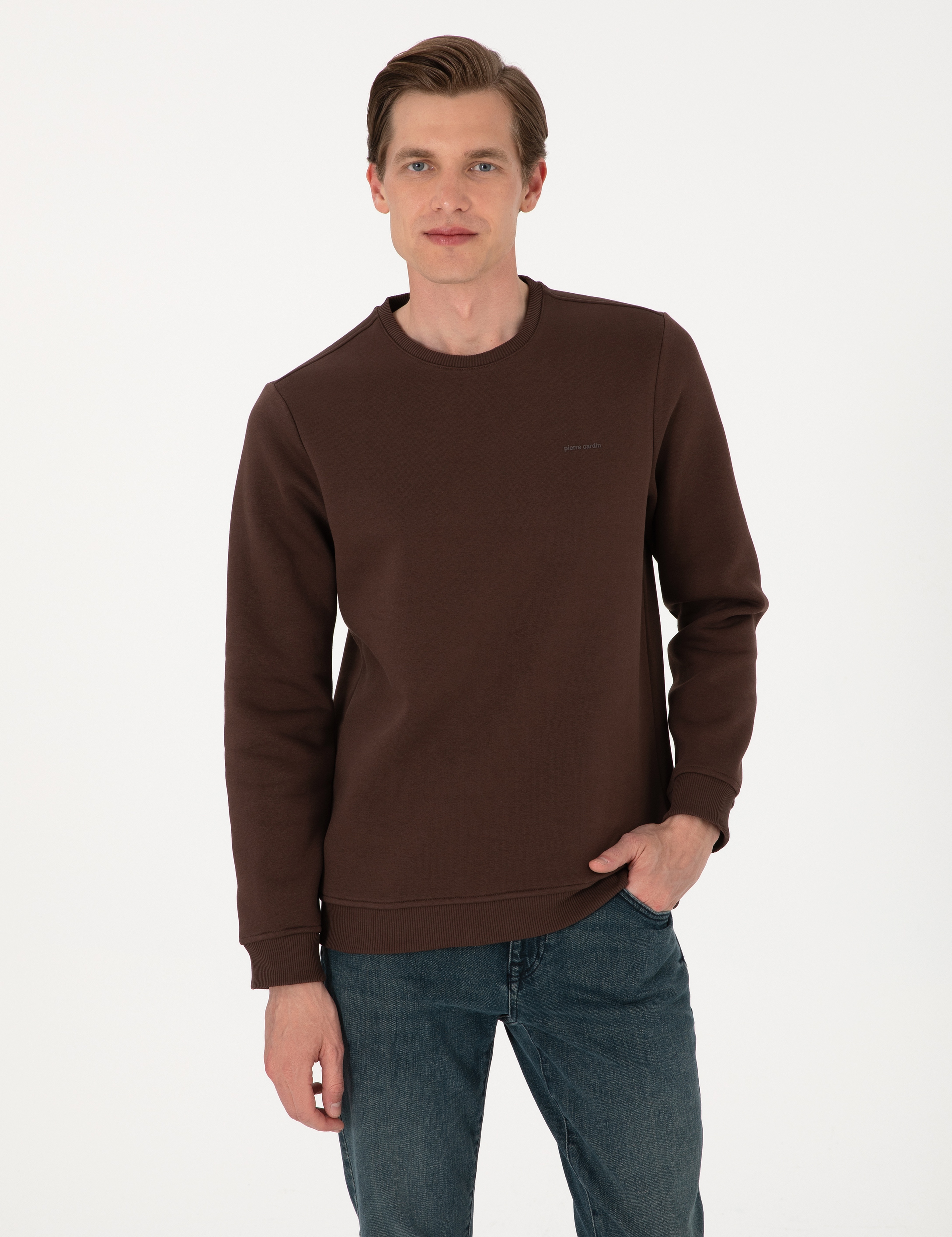 Kahverengi 3 İplik Regular Fit Bisiklet Yaka Basic Sweatshirt