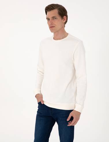 Ekru 3 İplik Regular Fit Bisiklet Yaka Basic Sweatshirt
