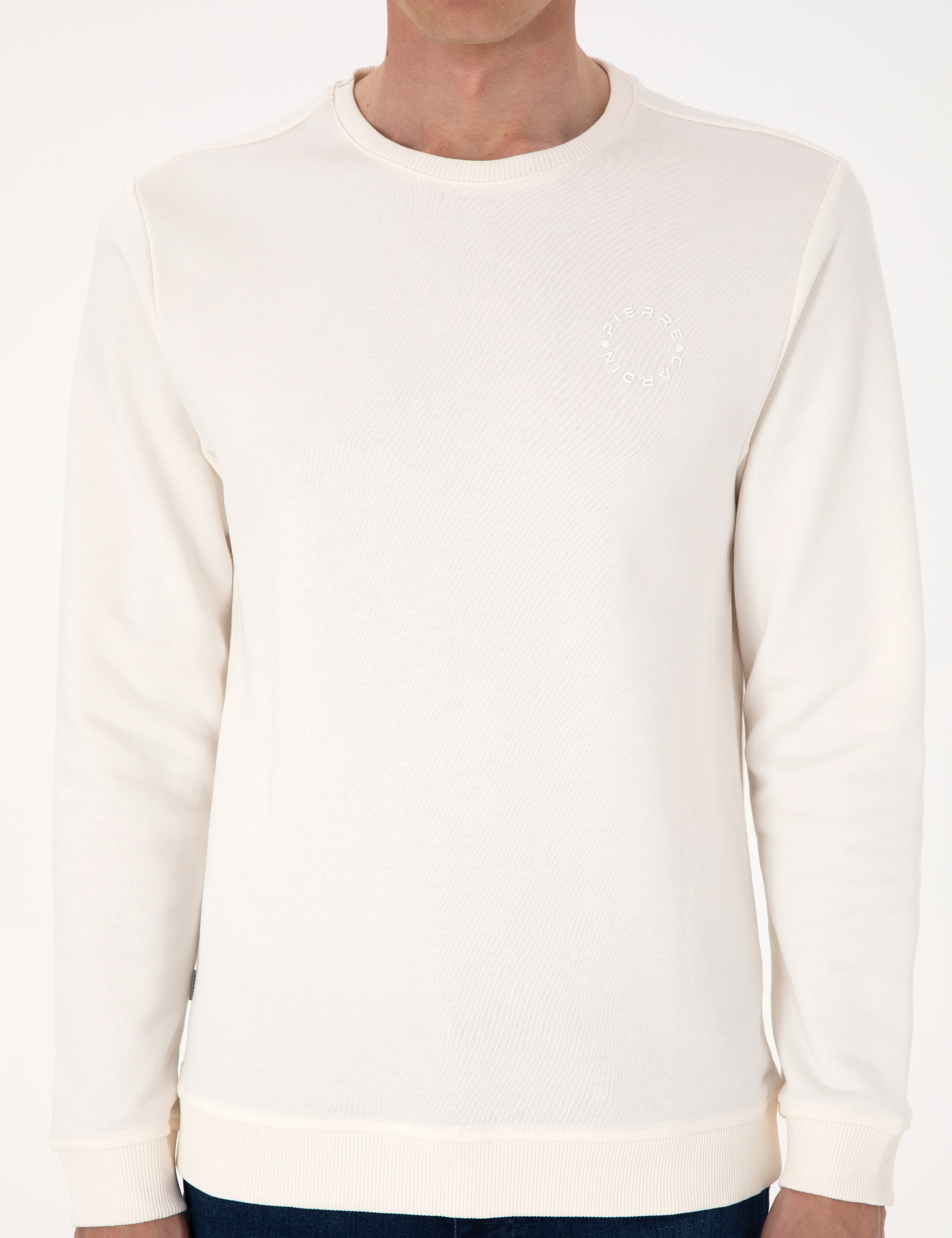 Ekru 3 İplik Regular Fit Bisiklet Yaka Basic Sweatshirt - Image 6